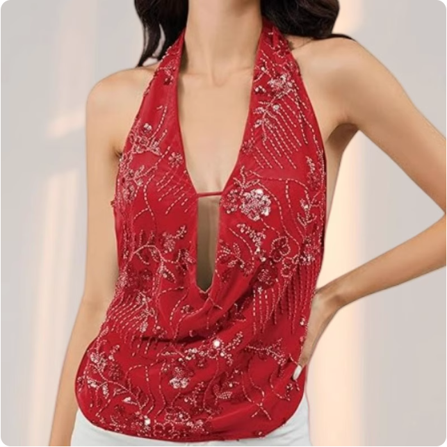 Top dos-nu vert à sequins