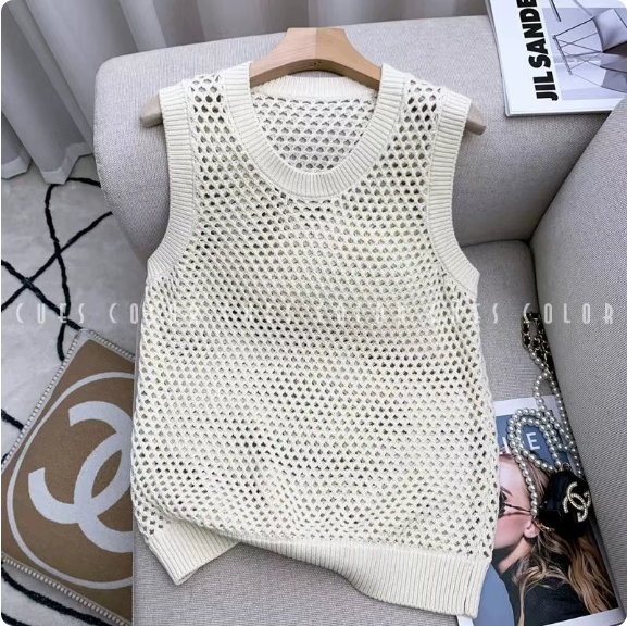 Pull sans manches maille ajourée vert