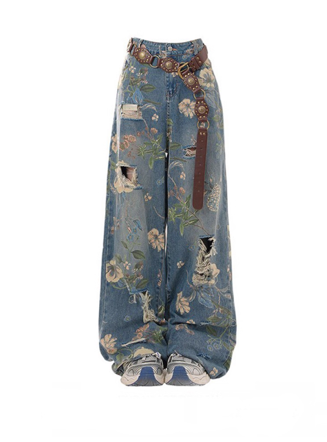 Pantalon large en jean à motifs floraux