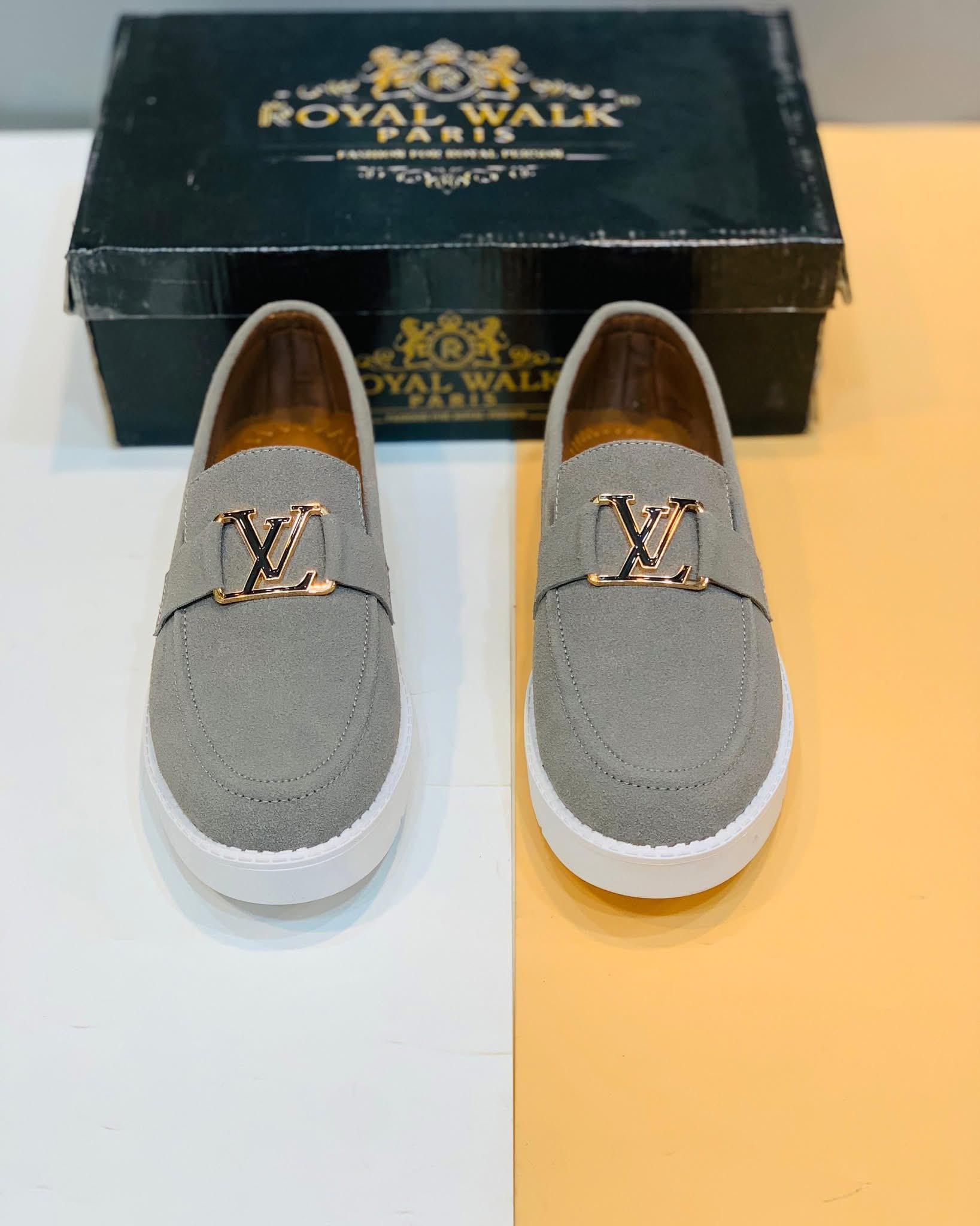 Louis Vuitton Men's Light Grey Velvet Formal Comfortable Fashion Loafer's