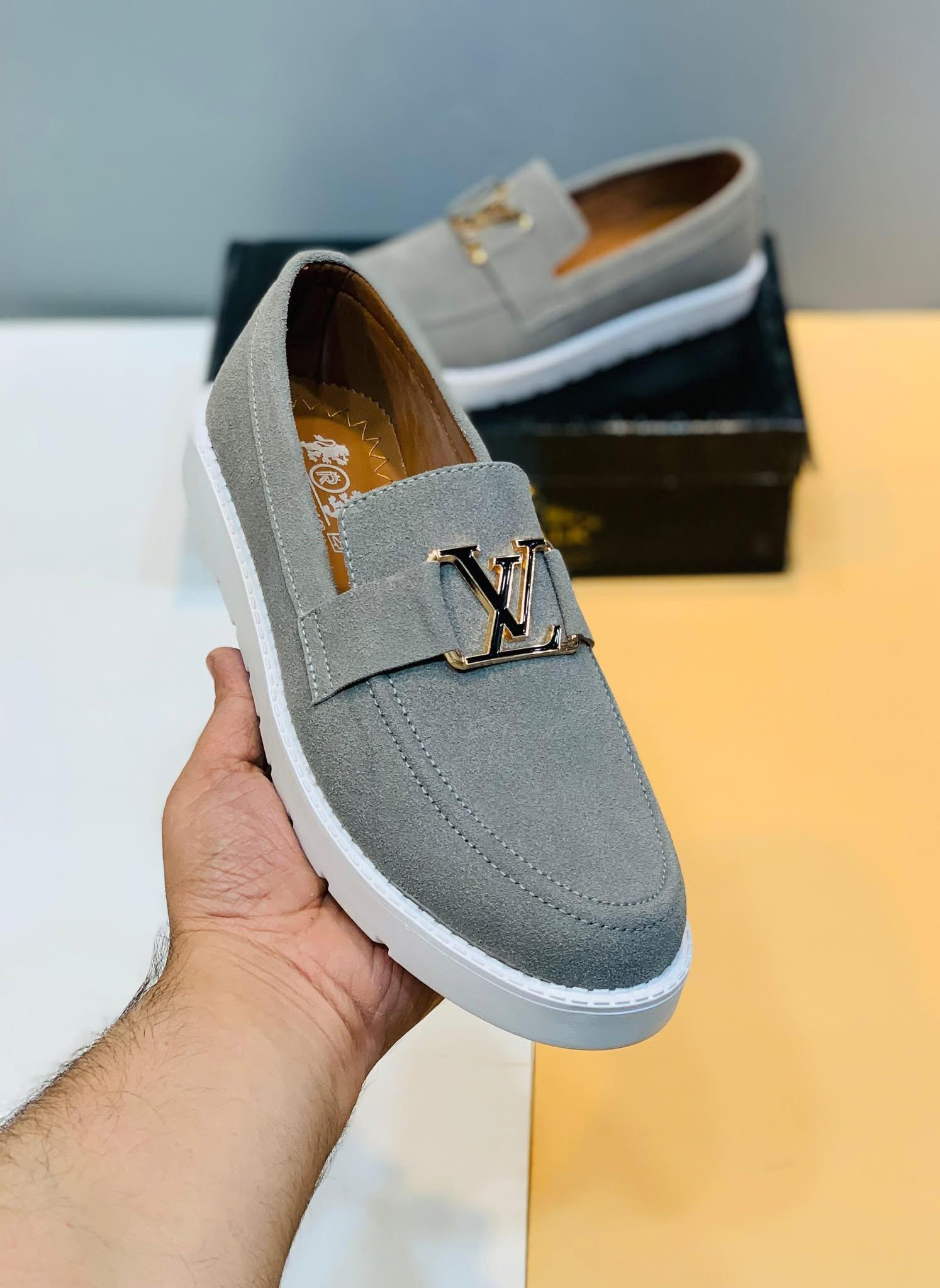 Louis Vuitton Men's Light Grey Velvet Formal Comfortable Fashion Loafer's