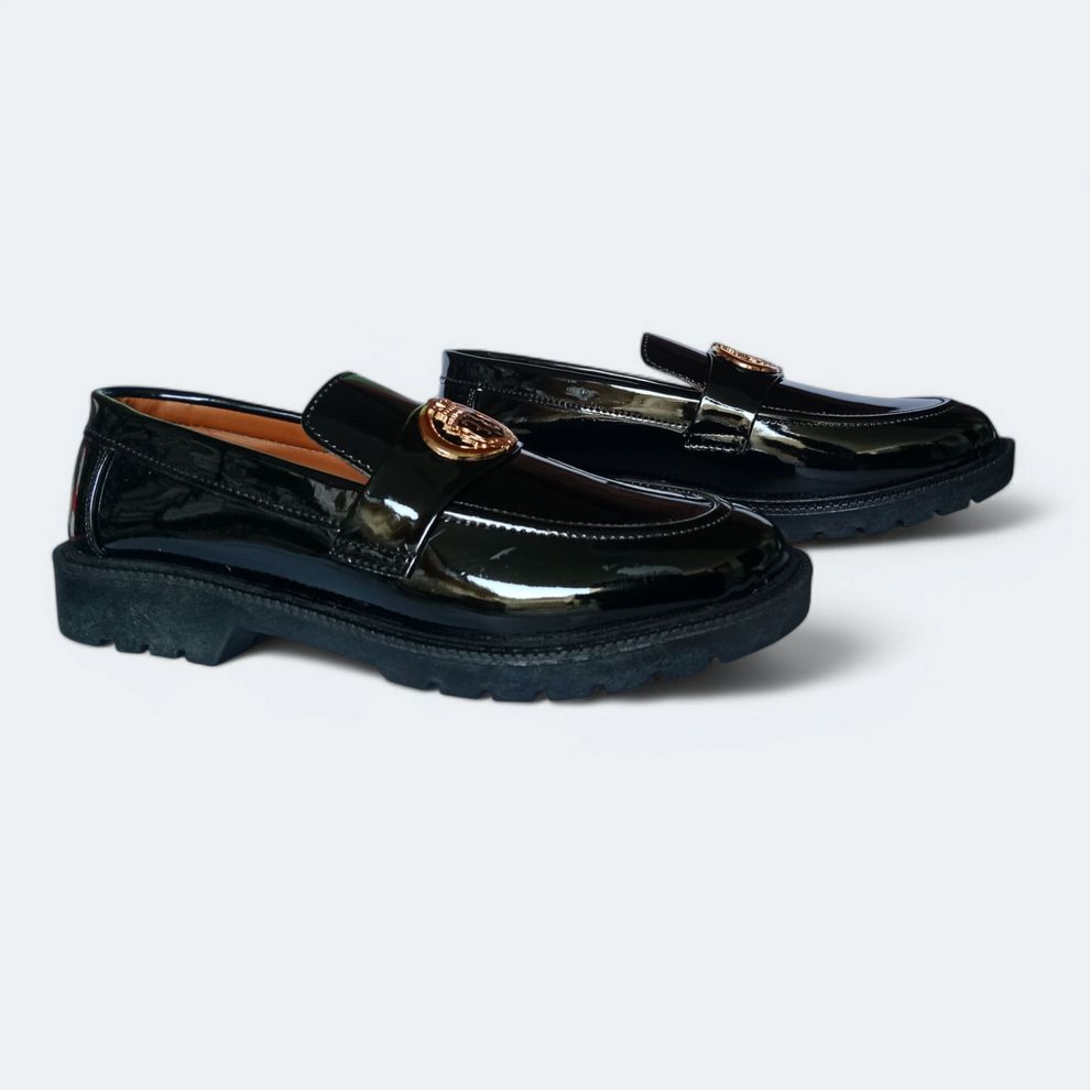 Luxury Patent Leather Loafers with Gold Emblem