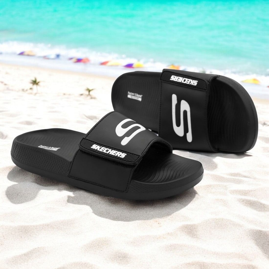Skechers Foamies Adjustable Slide Sandals – Black with White Logo