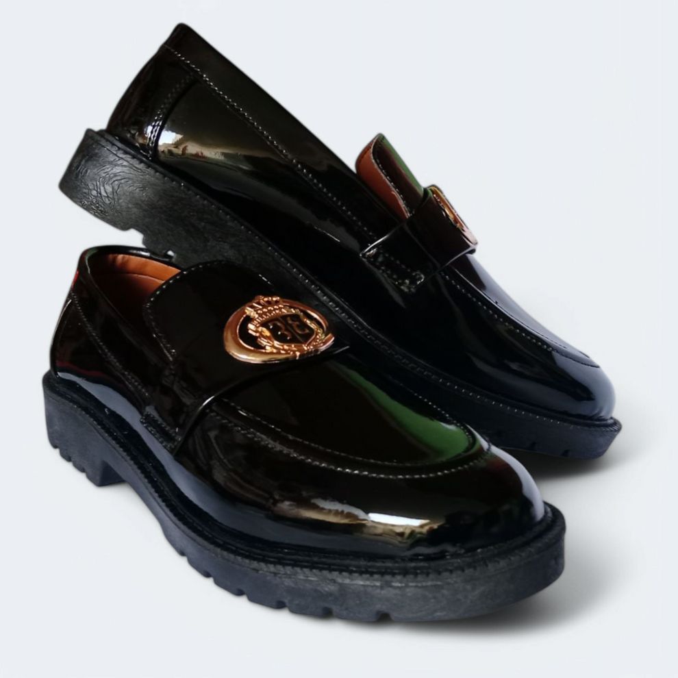 Luxury Patent Leather Loafers with Gold Emblem