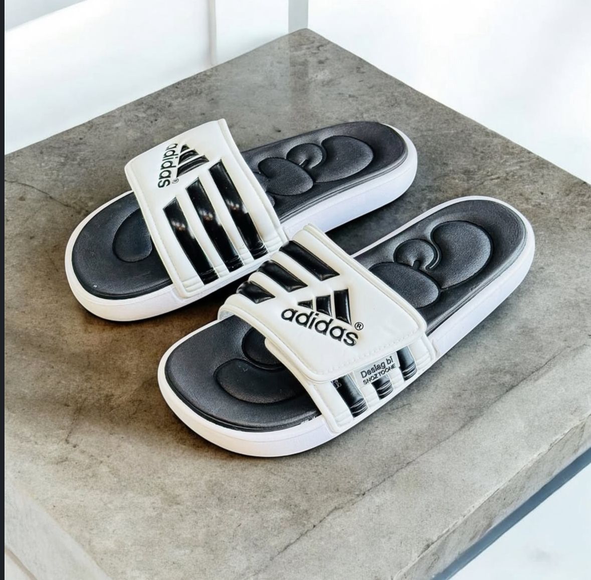 Adidas Adissage Comfort Slides White Black – Adjustable Strap & Massage Footbed