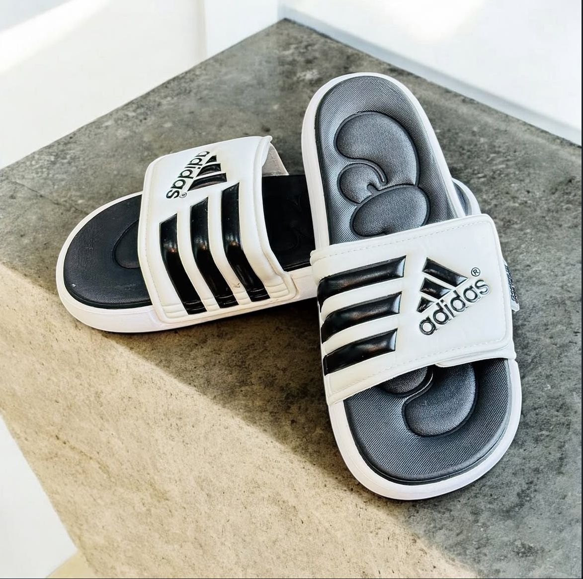 Adidas Adissage Comfort Slides White Black – Adjustable Strap & Massage Footbed