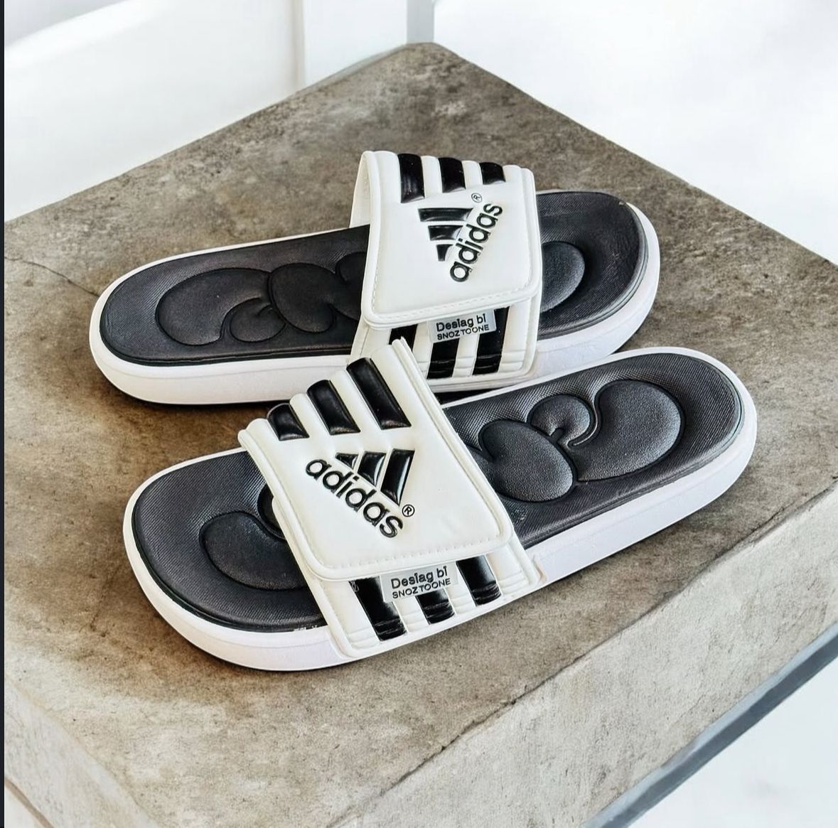 Adidas Adissage Comfort Slides White Black – Adjustable Strap & Massage Footbed