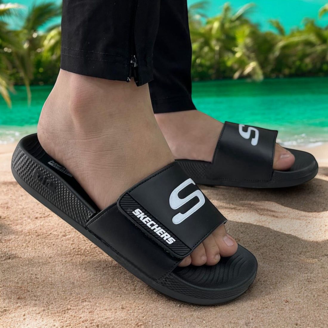 Skechers Foamies Adjustable Slide Sandals – Black with White Logo