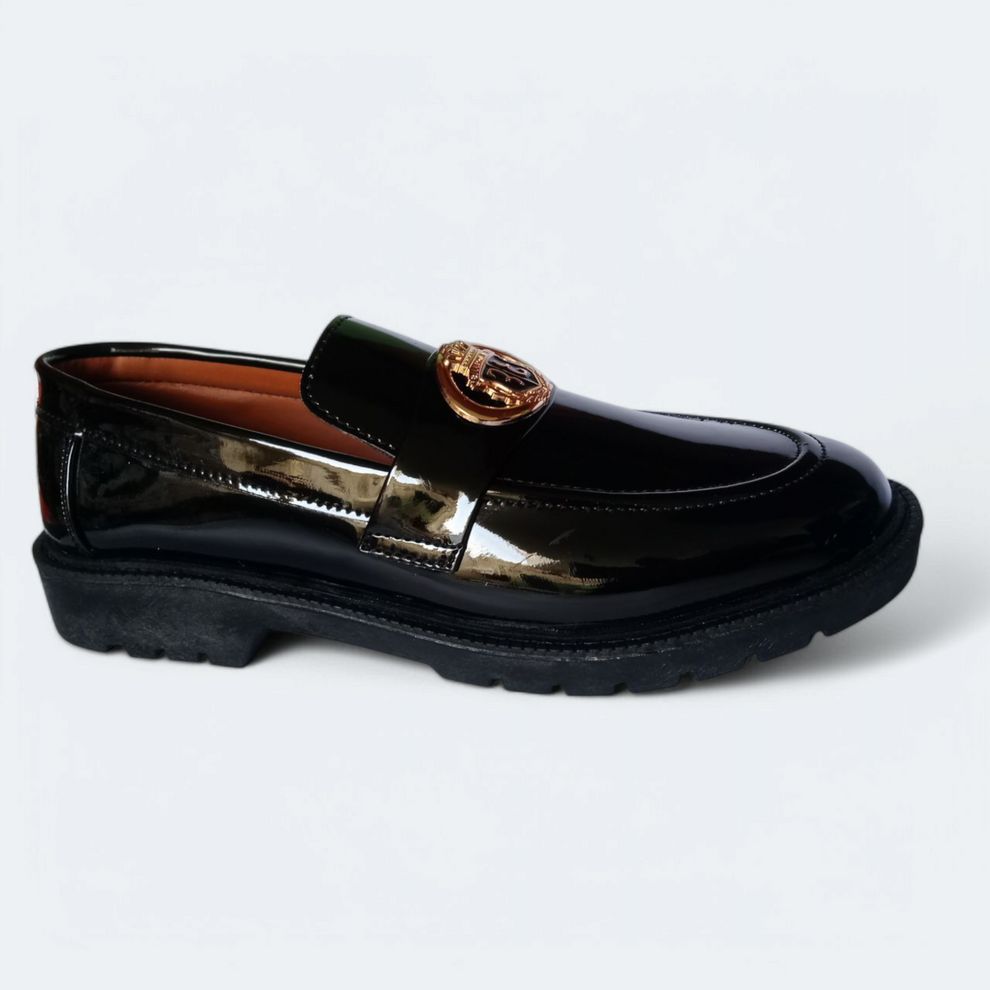 Luxury Patent Leather Loafers with Gold Emblem