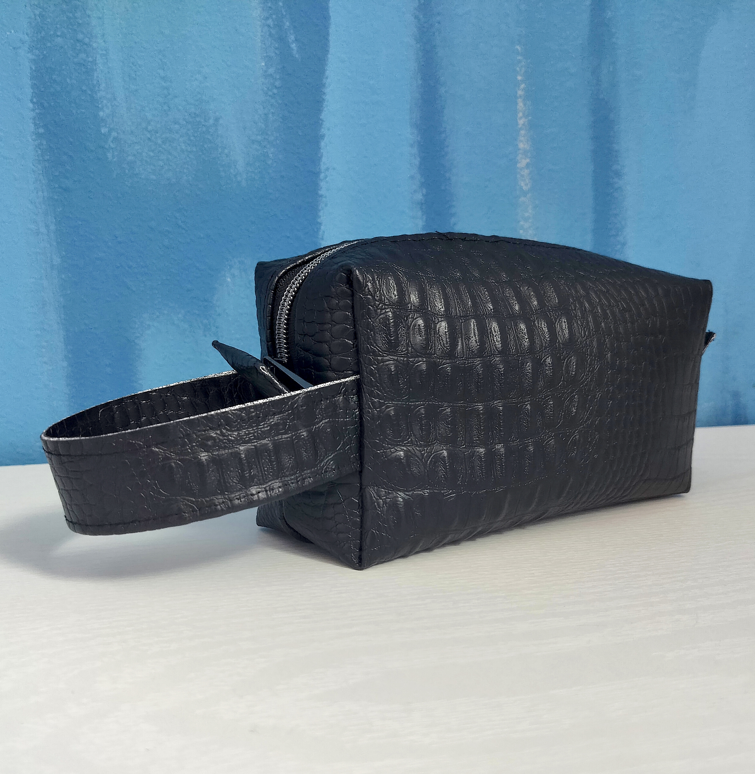 Black Matte Leather Toiletry Bag