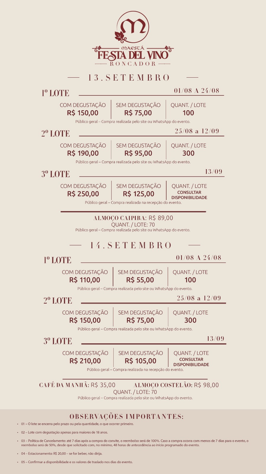 INGRESSO MAESTÁ FESTA DEL VINO EDIÇÃO RONCADOR - 13 e 14/09/2025