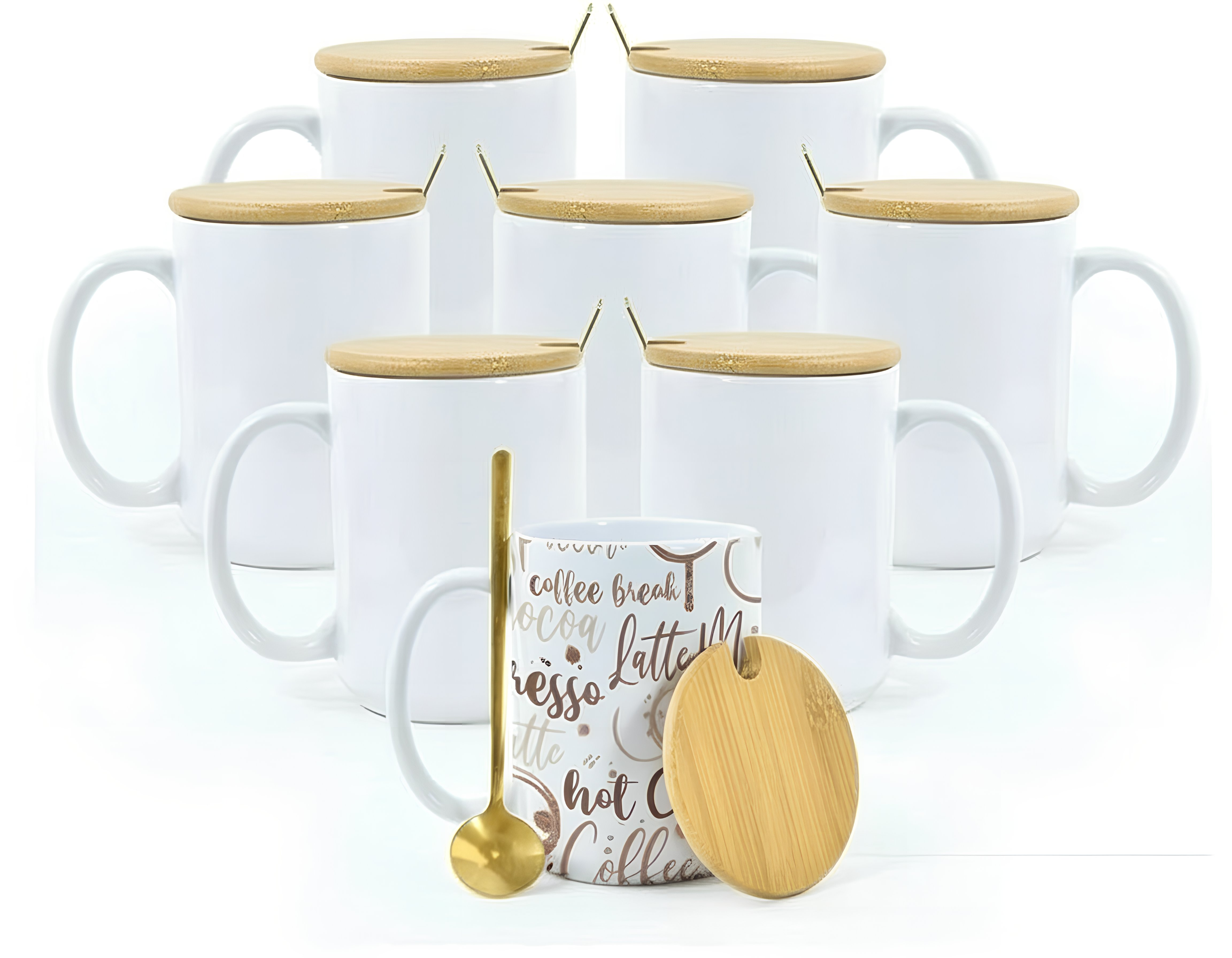 Customizable White Sublimation Mug Set with Bamboo Lid & Gold Spoon