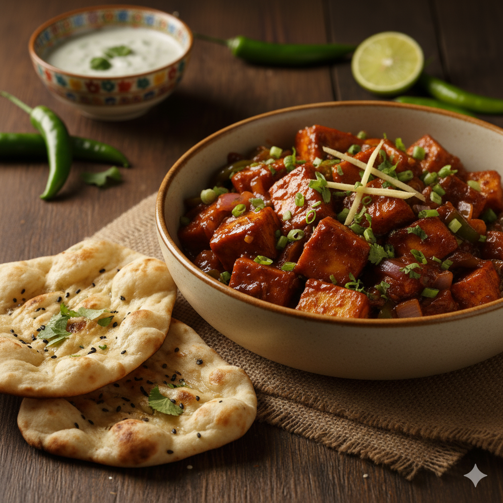 Chilli Paneer (16 oz) + 2 Naan