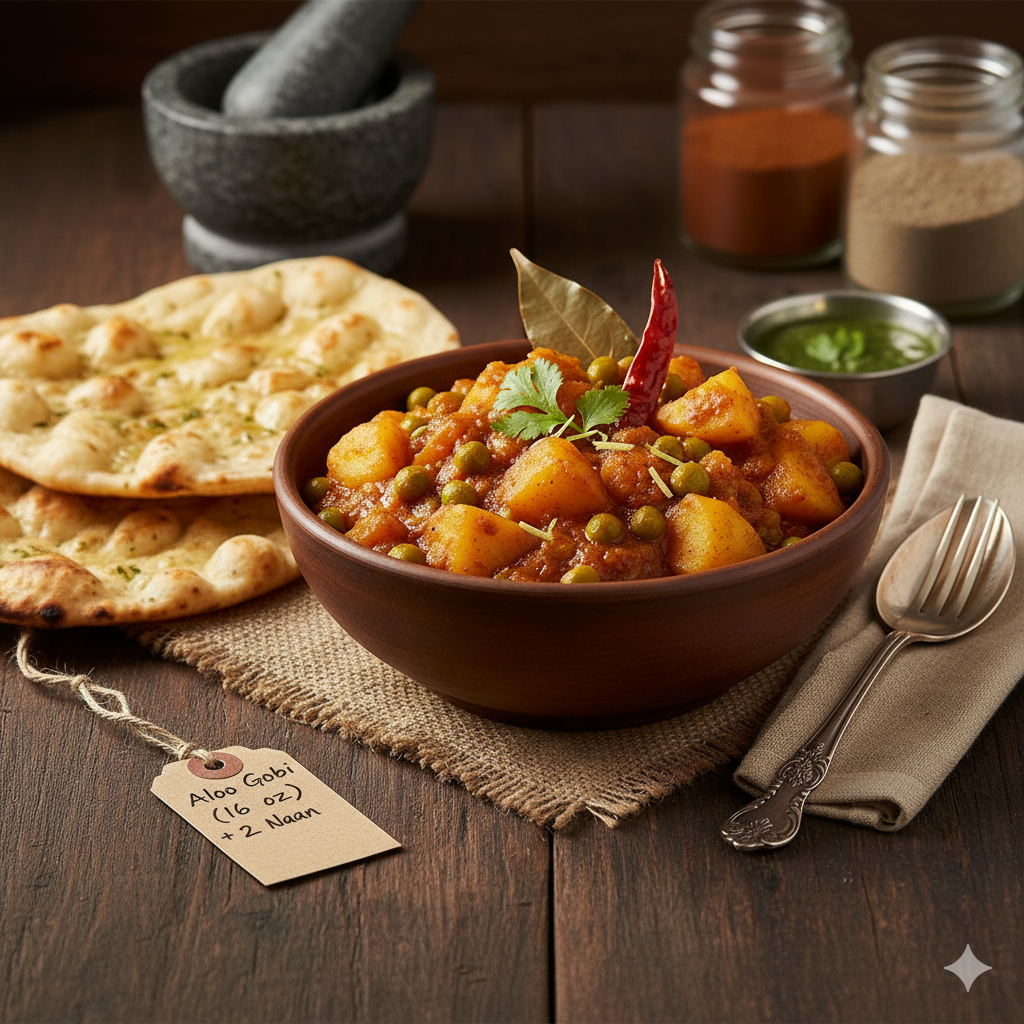 Aloo Gobi (16 oz) + 2 Naan
