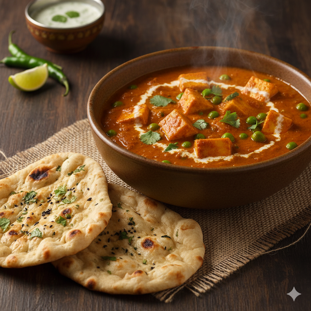 Matar Paneer (16 oz) + 2 Naan