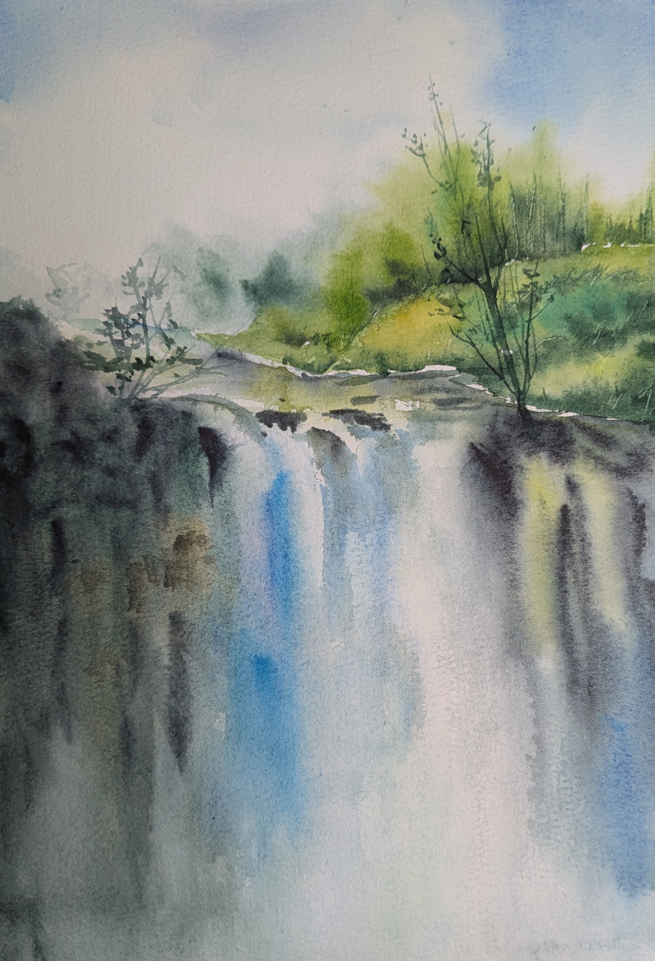 Waterfall Landscape Watercolor Art