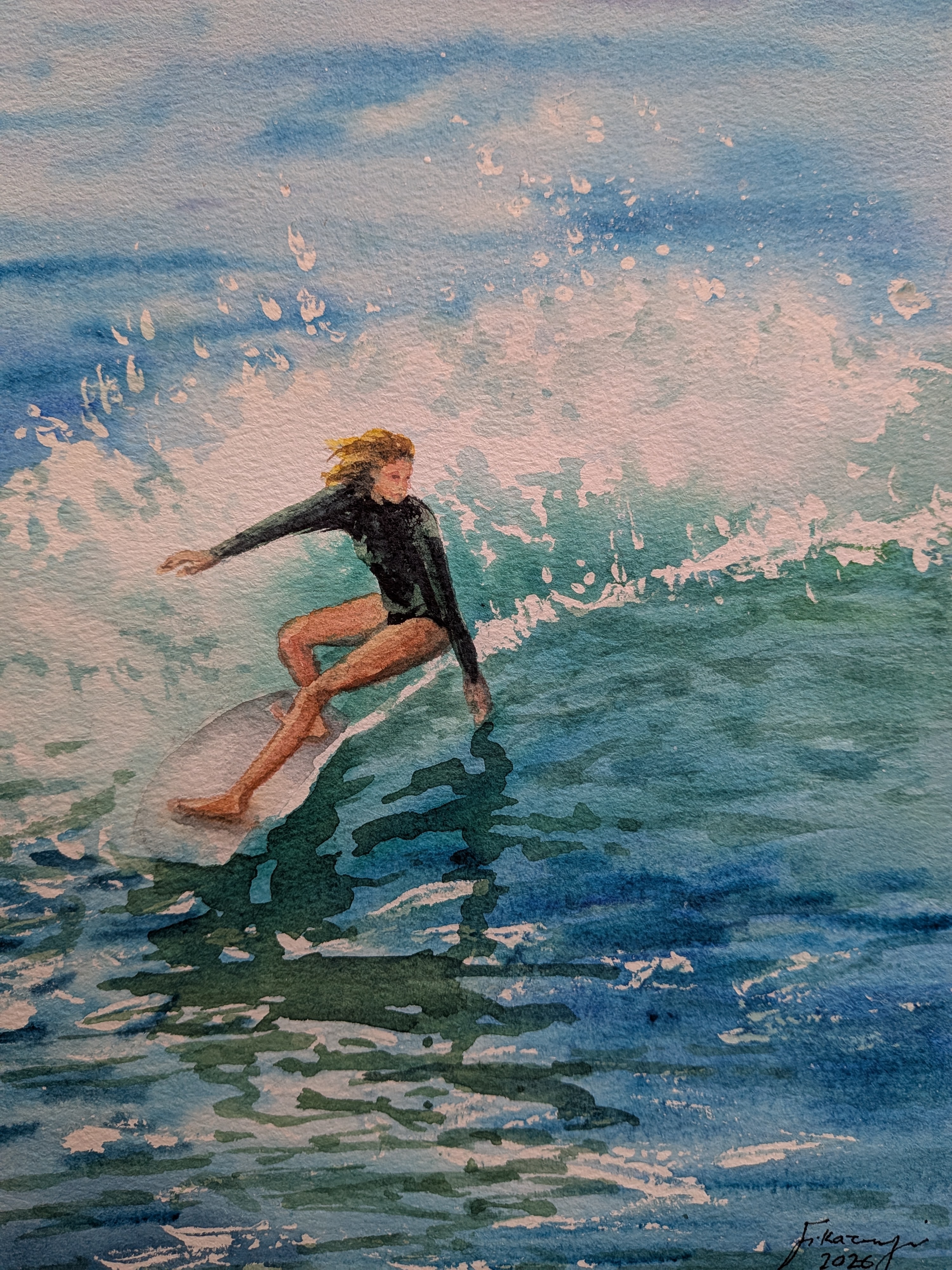 Surfer in Motion Watercolor Painting