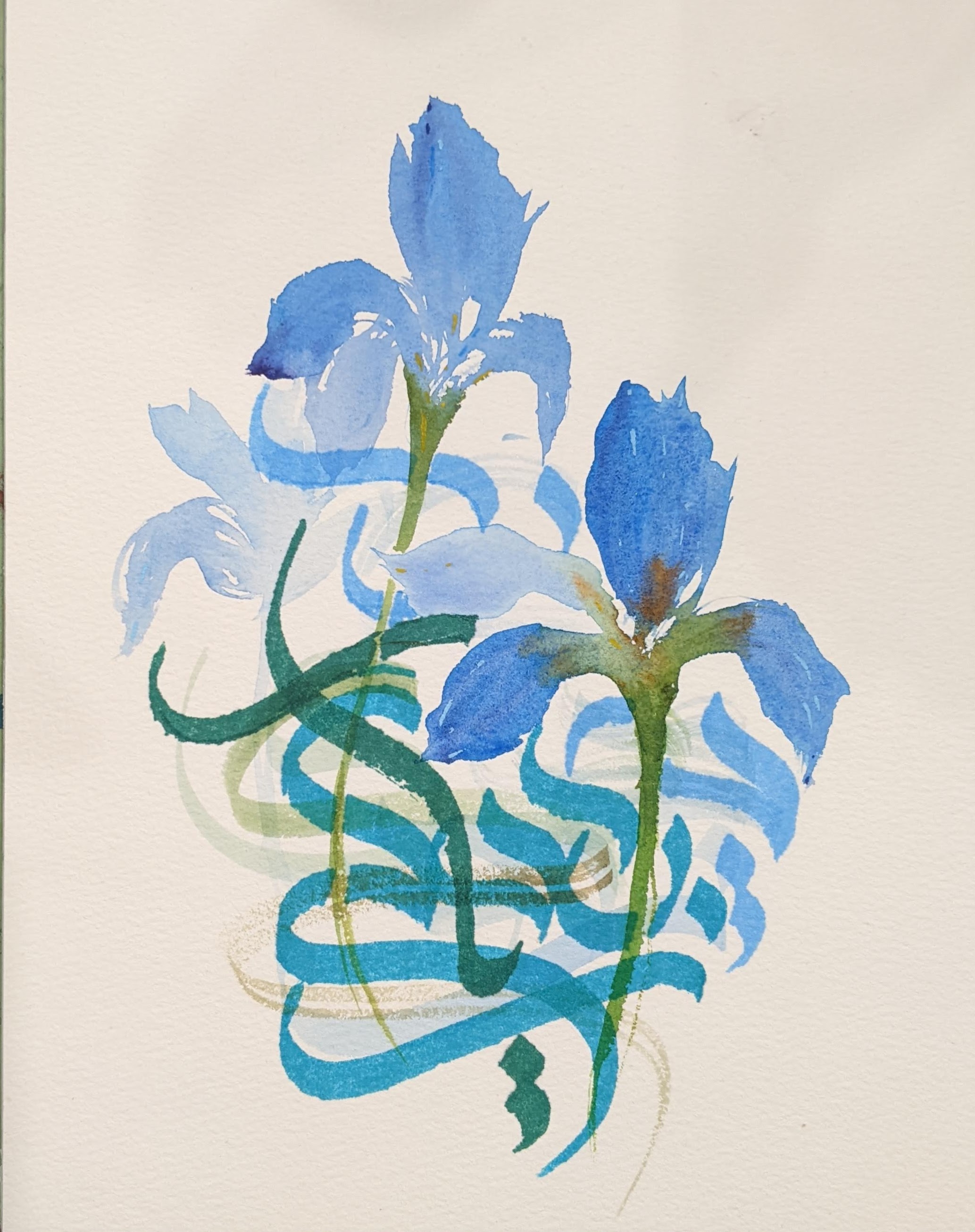 Blue Iris Watercolor and Calligraphy