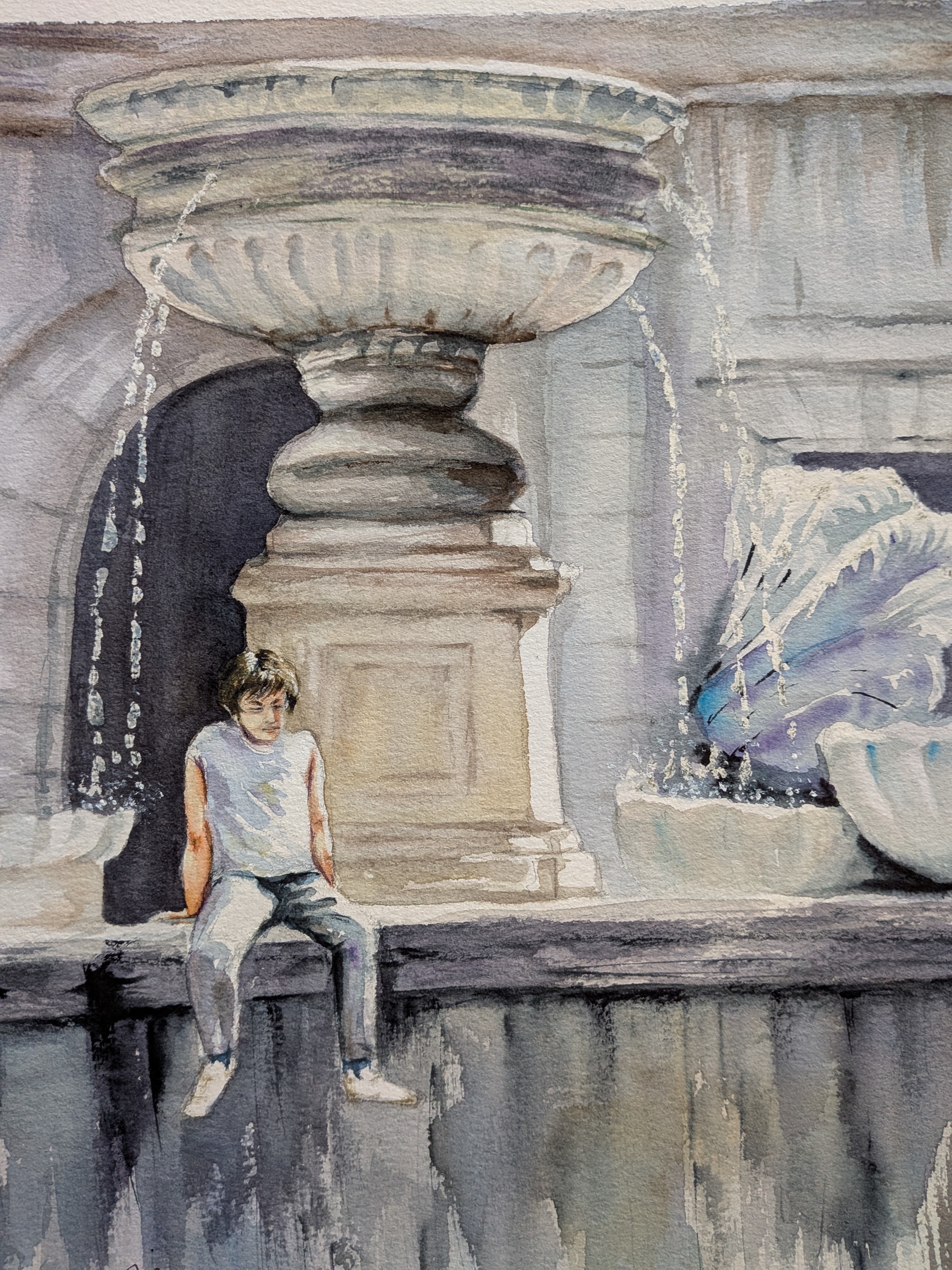 Watercolor Fountain Scene Art