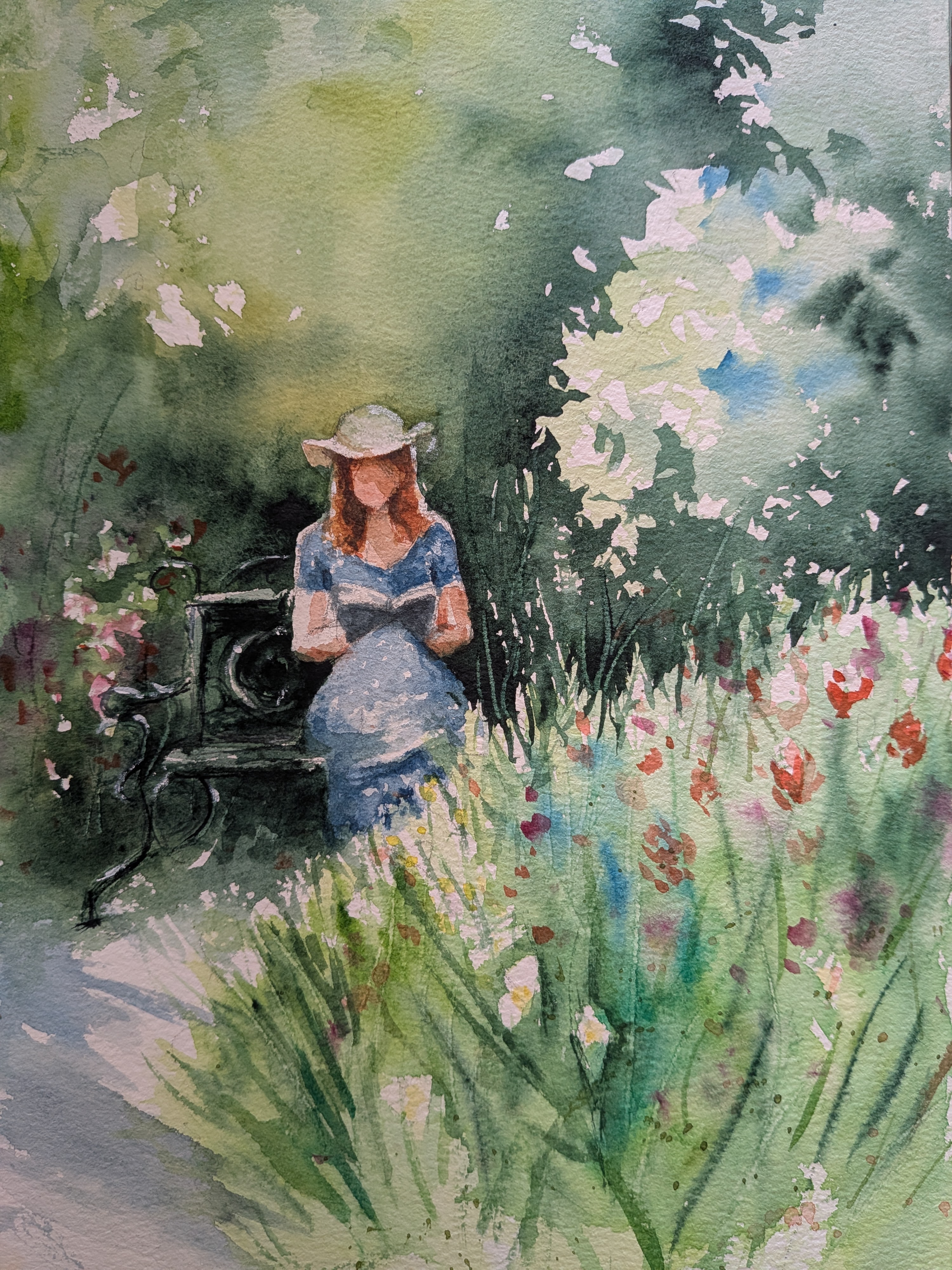Lady Reading in the Garden Watercolor