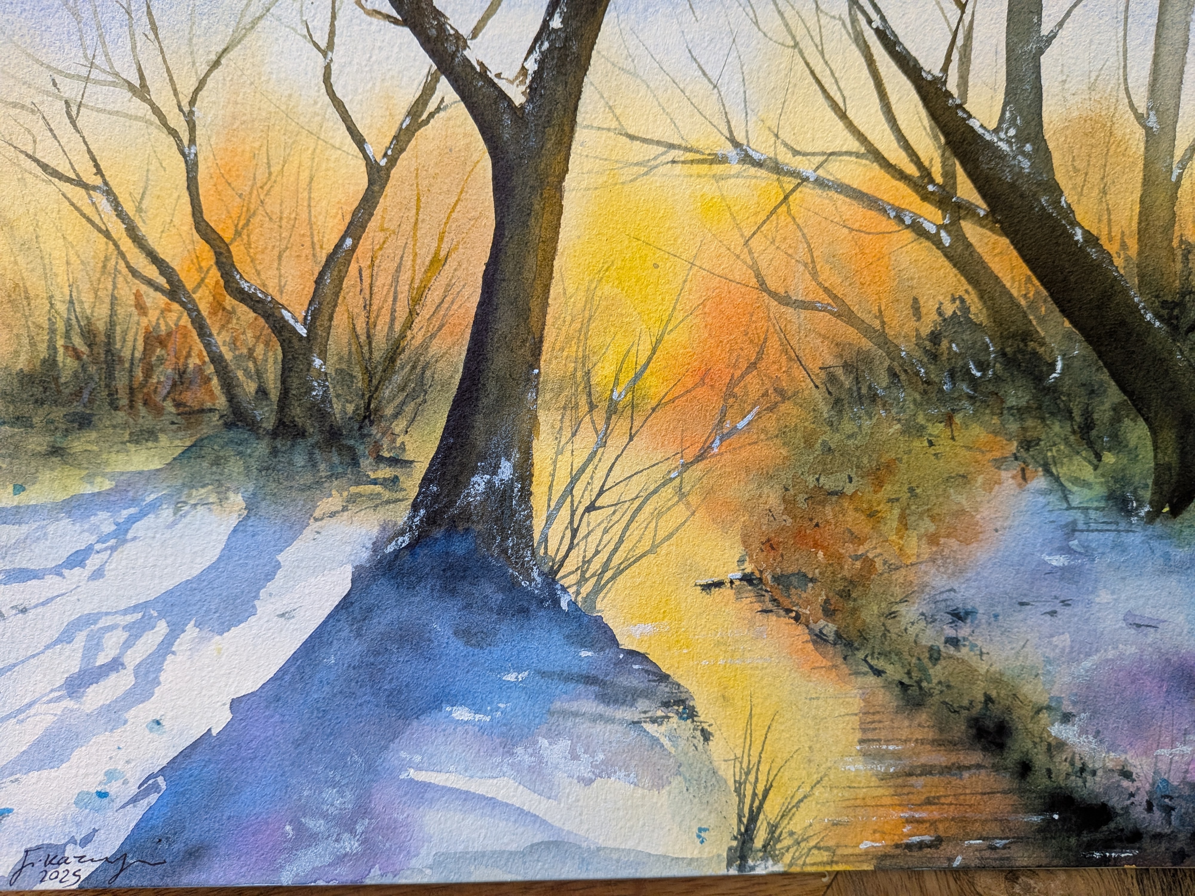 Winter Sunrise Watercolor Painting