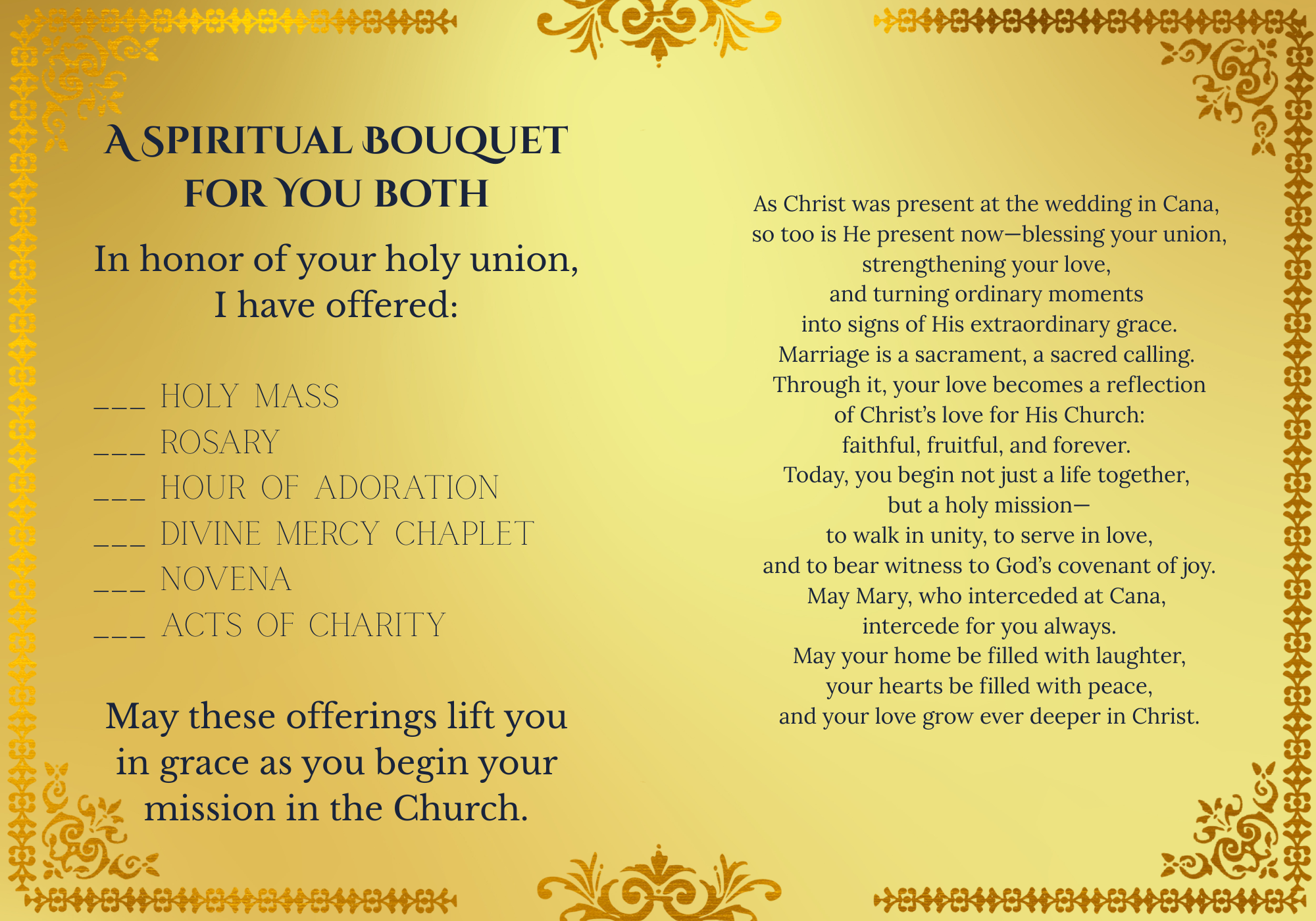 Wedding at Cana | Catholic Wedding Spiritual Bouquet Card