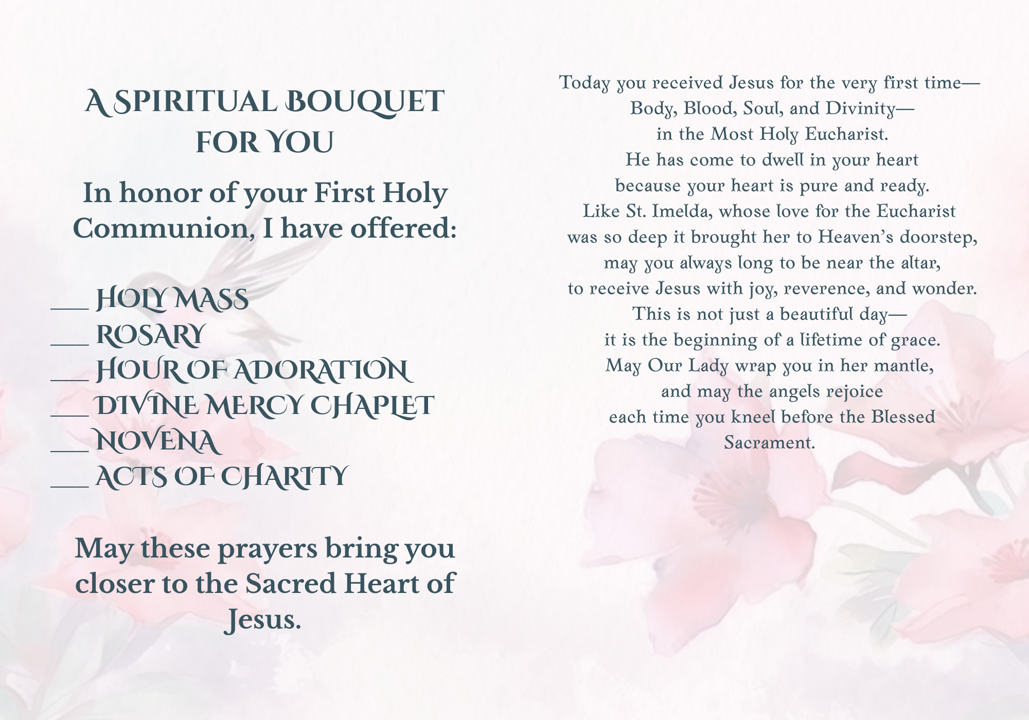 First Holy Communion | Catholic Spiritual Bouquet Card for Girls