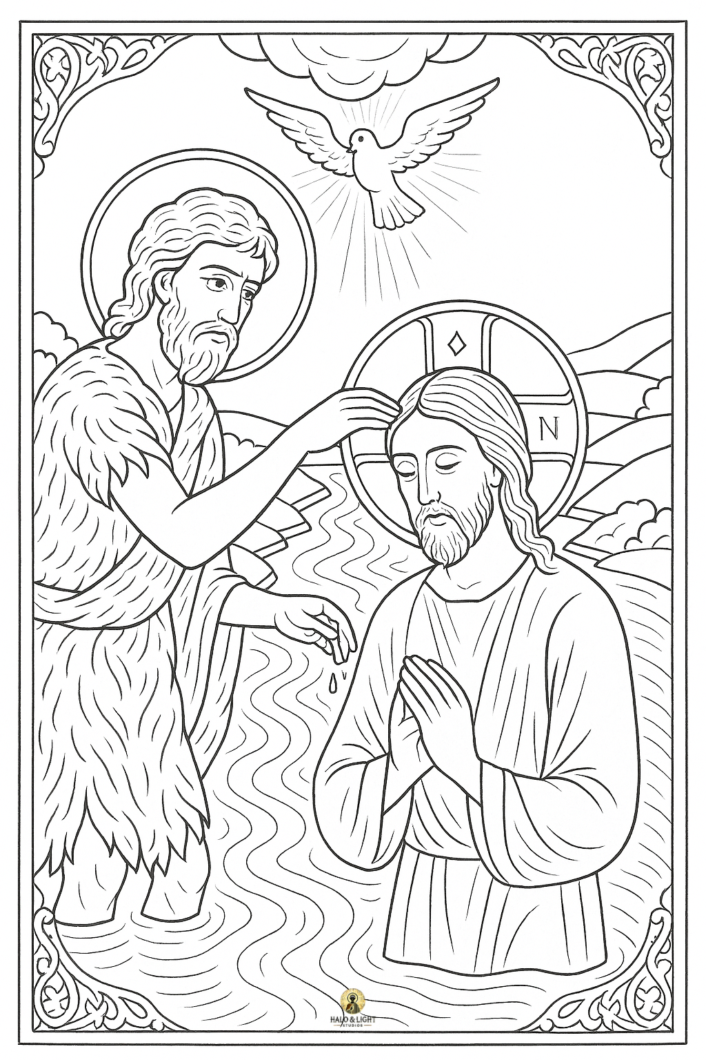 St. John the Baptist 3-Image Bundle – Baptism of Jesus (Color & Coloring Page) | Portrait Watercolor Collection