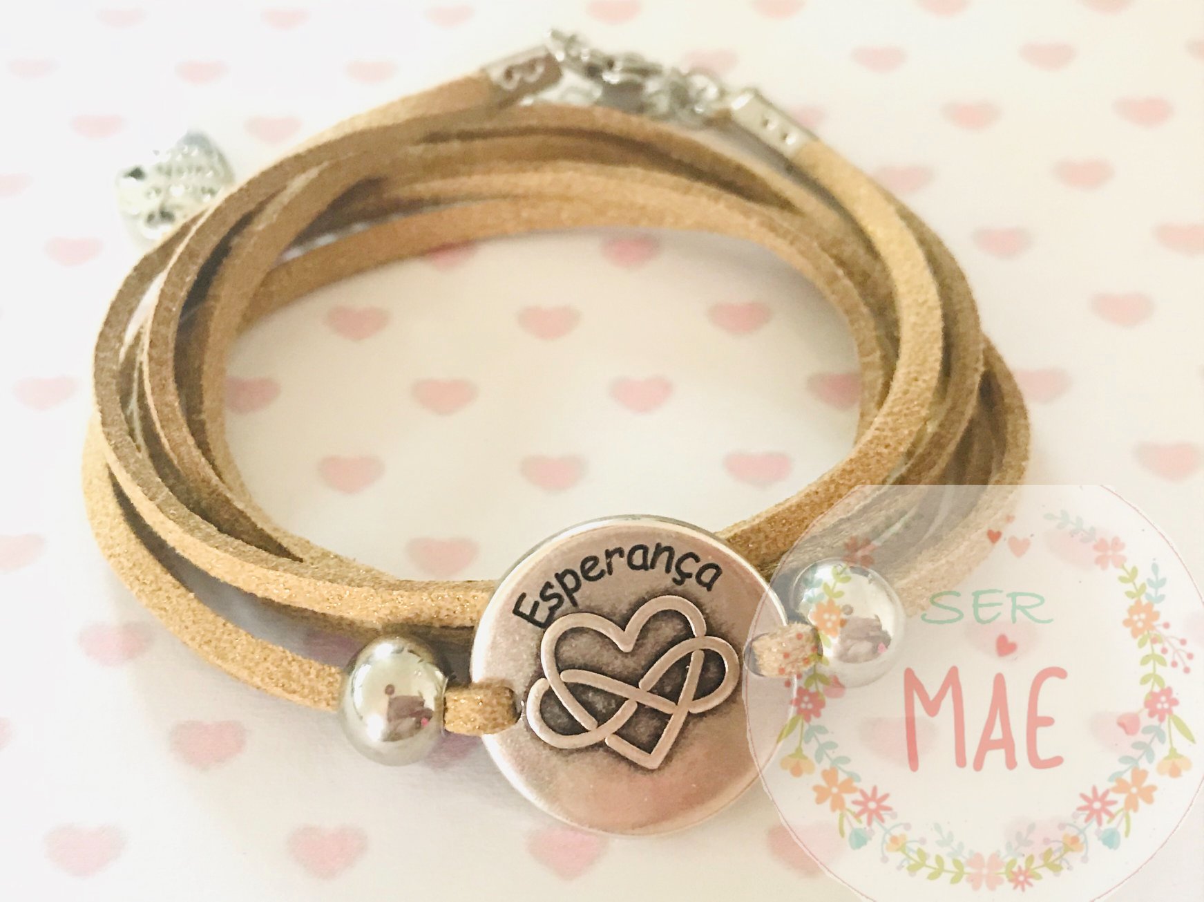 Pulseira dupla em camurça com medalha coração/infinito