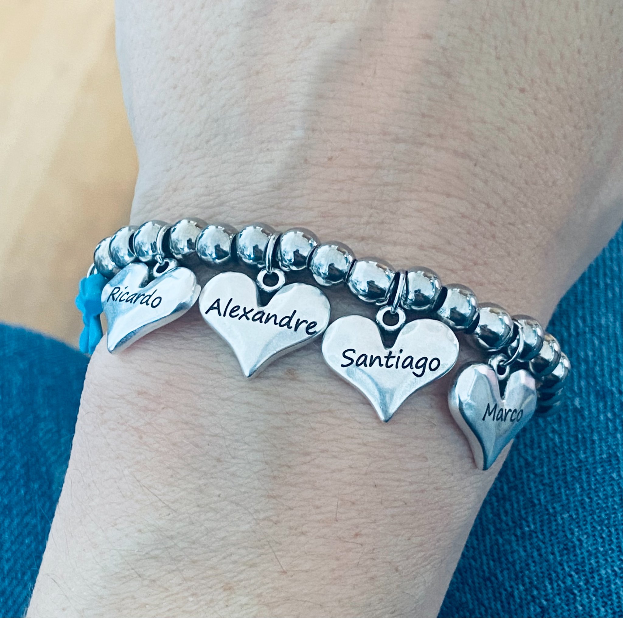 Pulseira contas em aço com pendente Coração