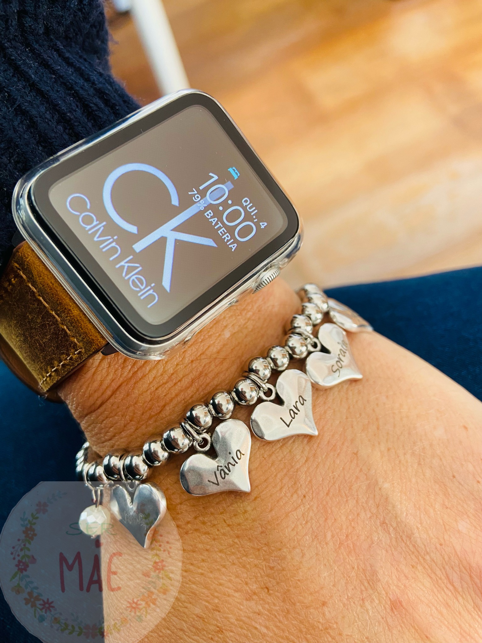 Pulseira contas em aço com pendente Coração