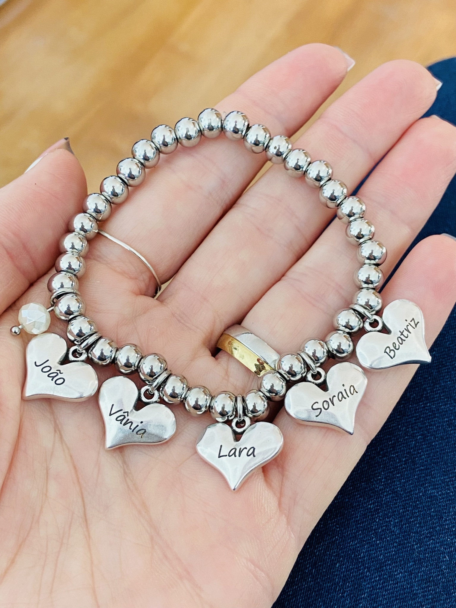 Pulseira contas em aço com pendente Coração