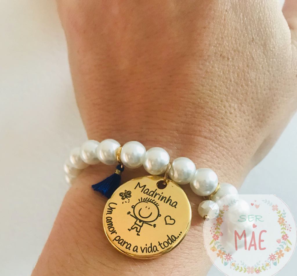 Pulseira Pérolas Medalha Dourada Madrinha