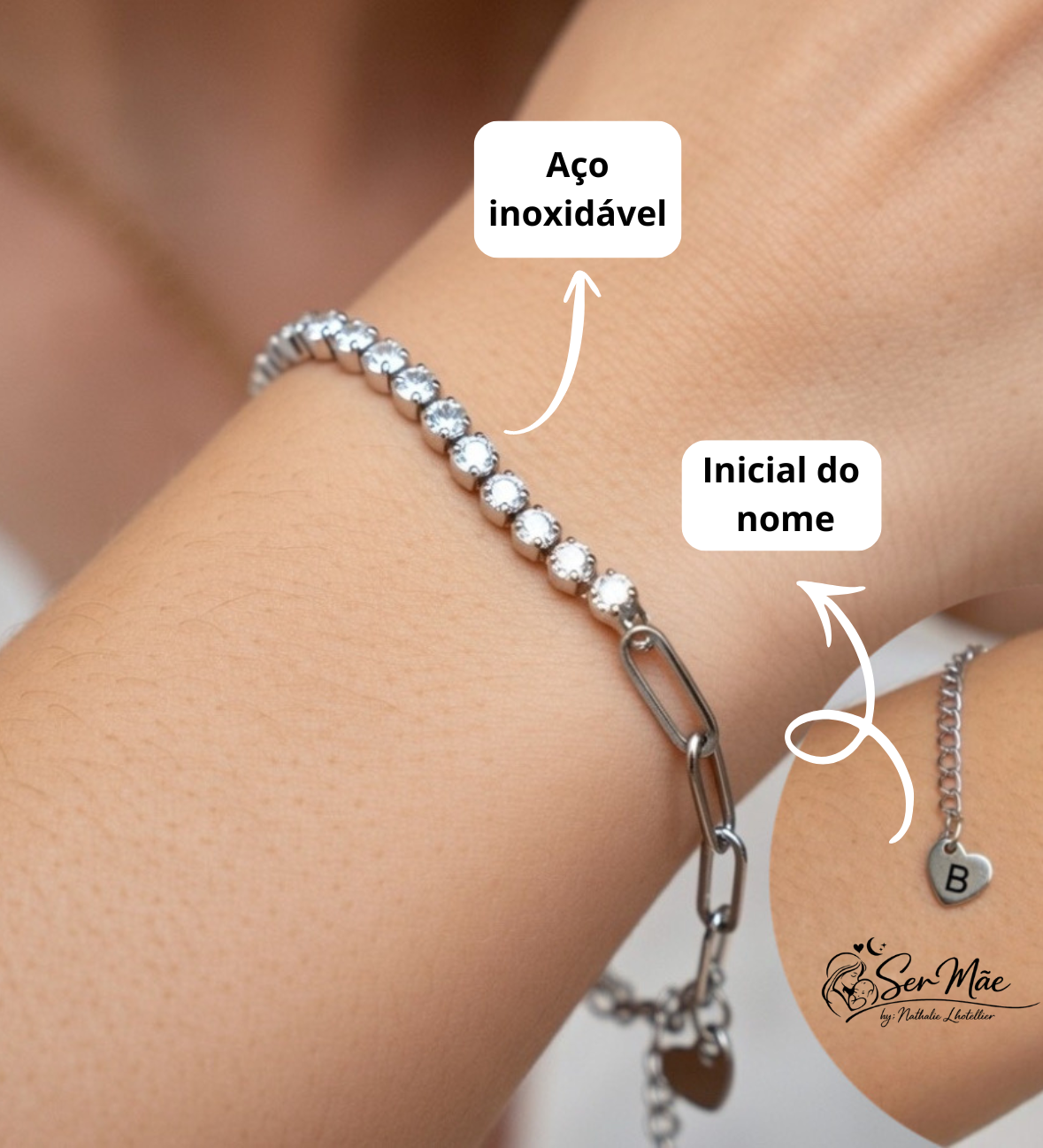 Pulseira  Brilhantes e aço com pendente personalizado