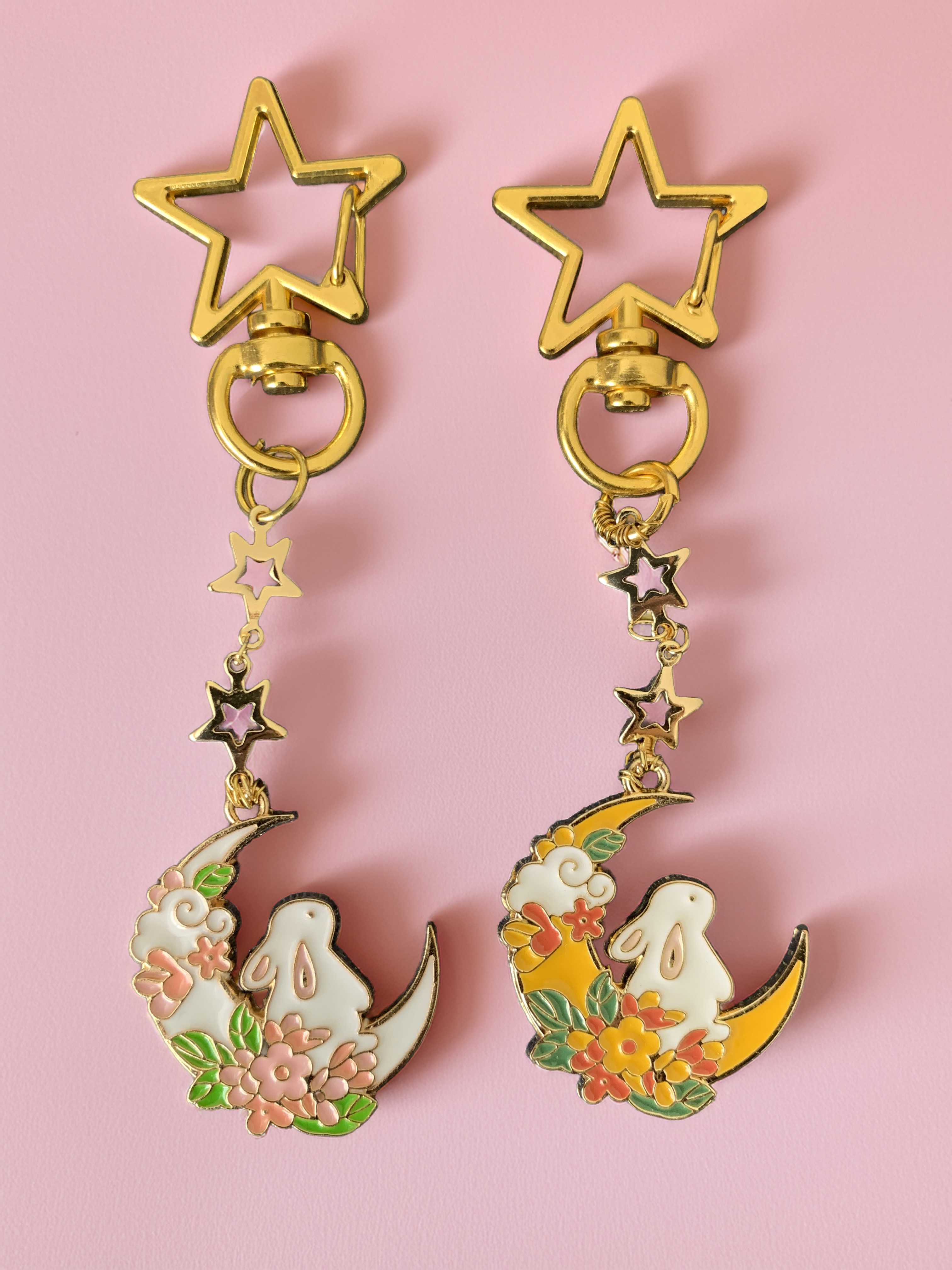 Star and Moon Dangle Pink Flower Keychain
