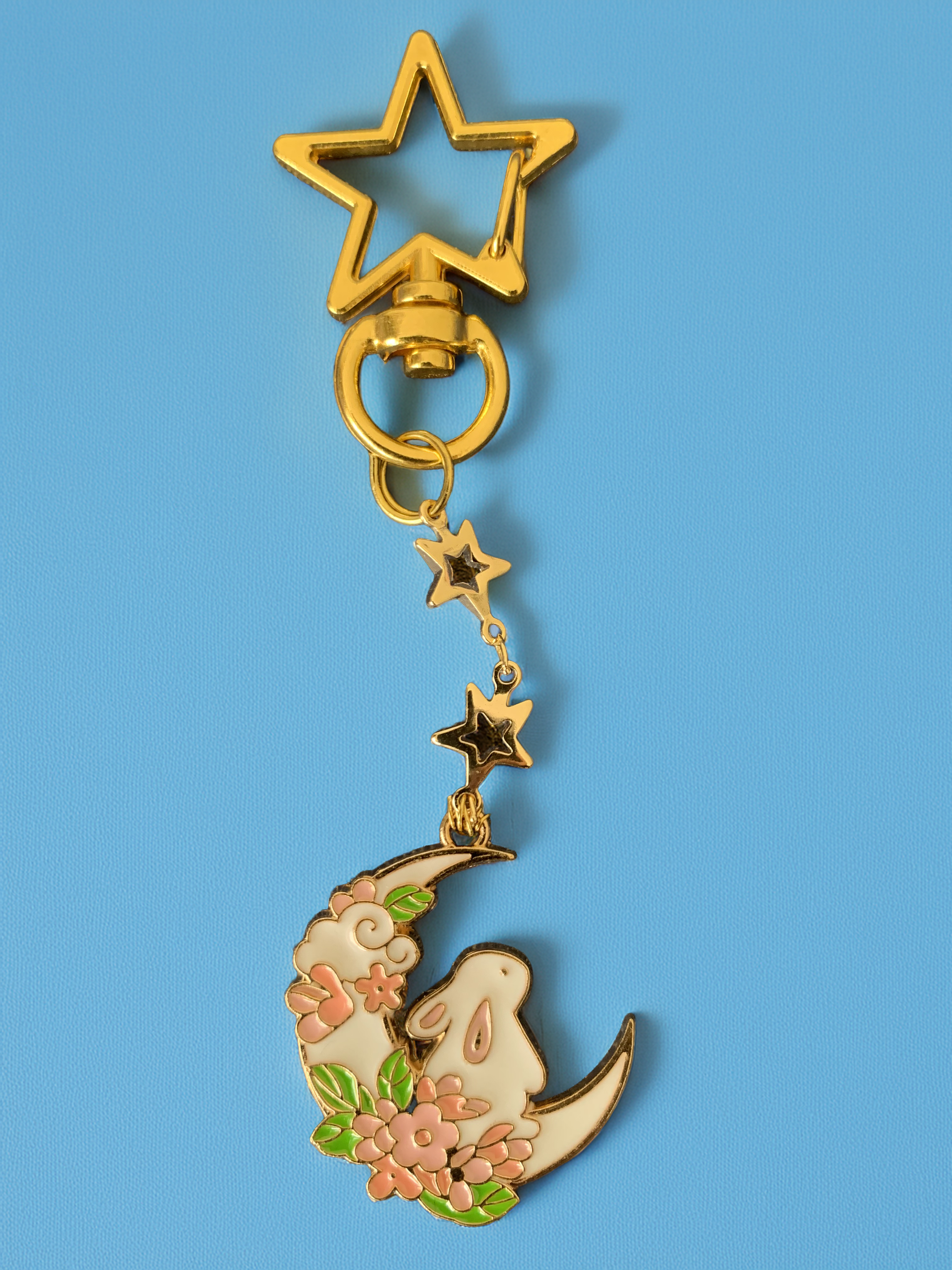 Star and Moon Dangle Pink Flower Keychain