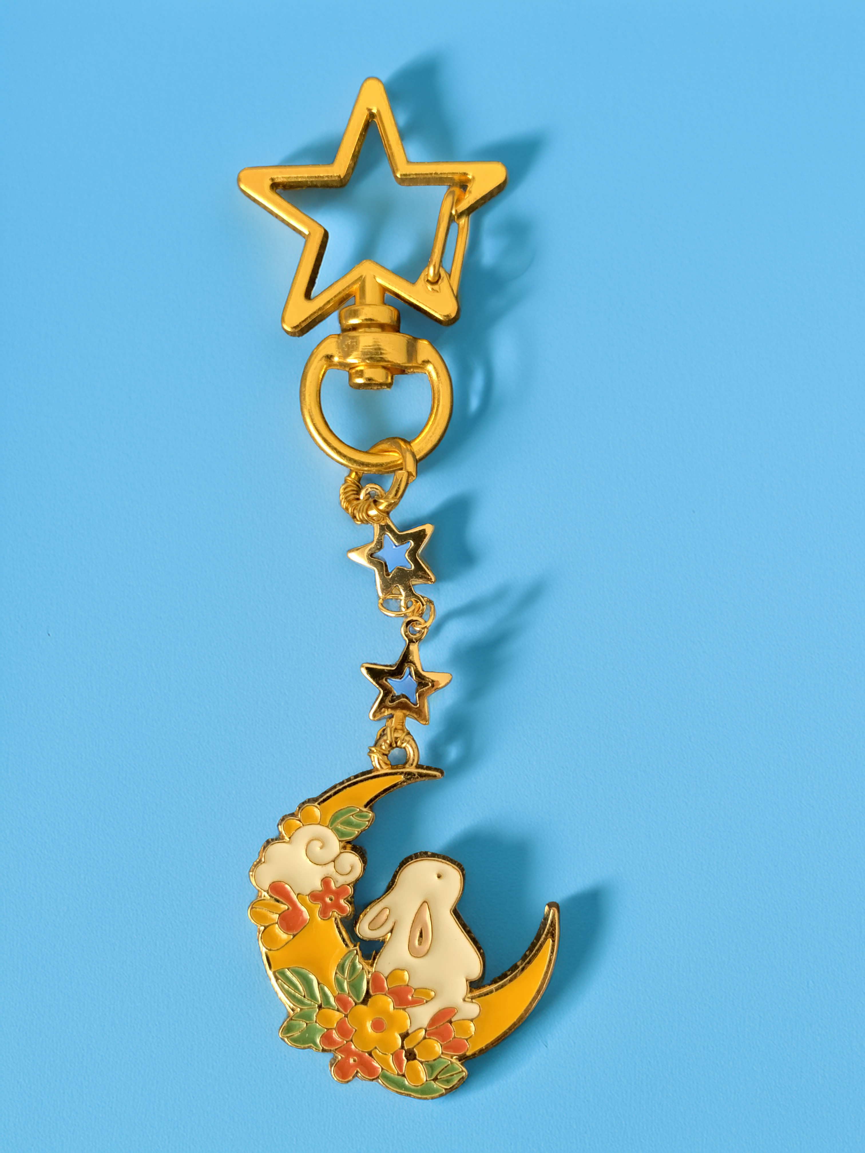 Star and Moon Dangle Pink Flower Keychain