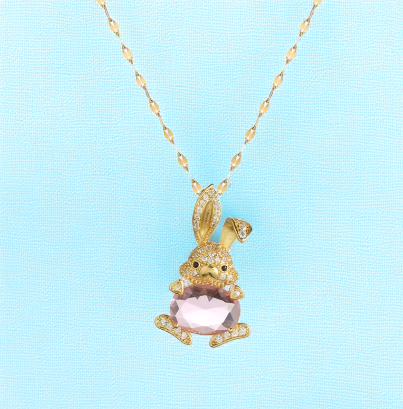 Cute Sweet Pink Zircon Rabbit Necklace, Gold Stainless Steel Chain