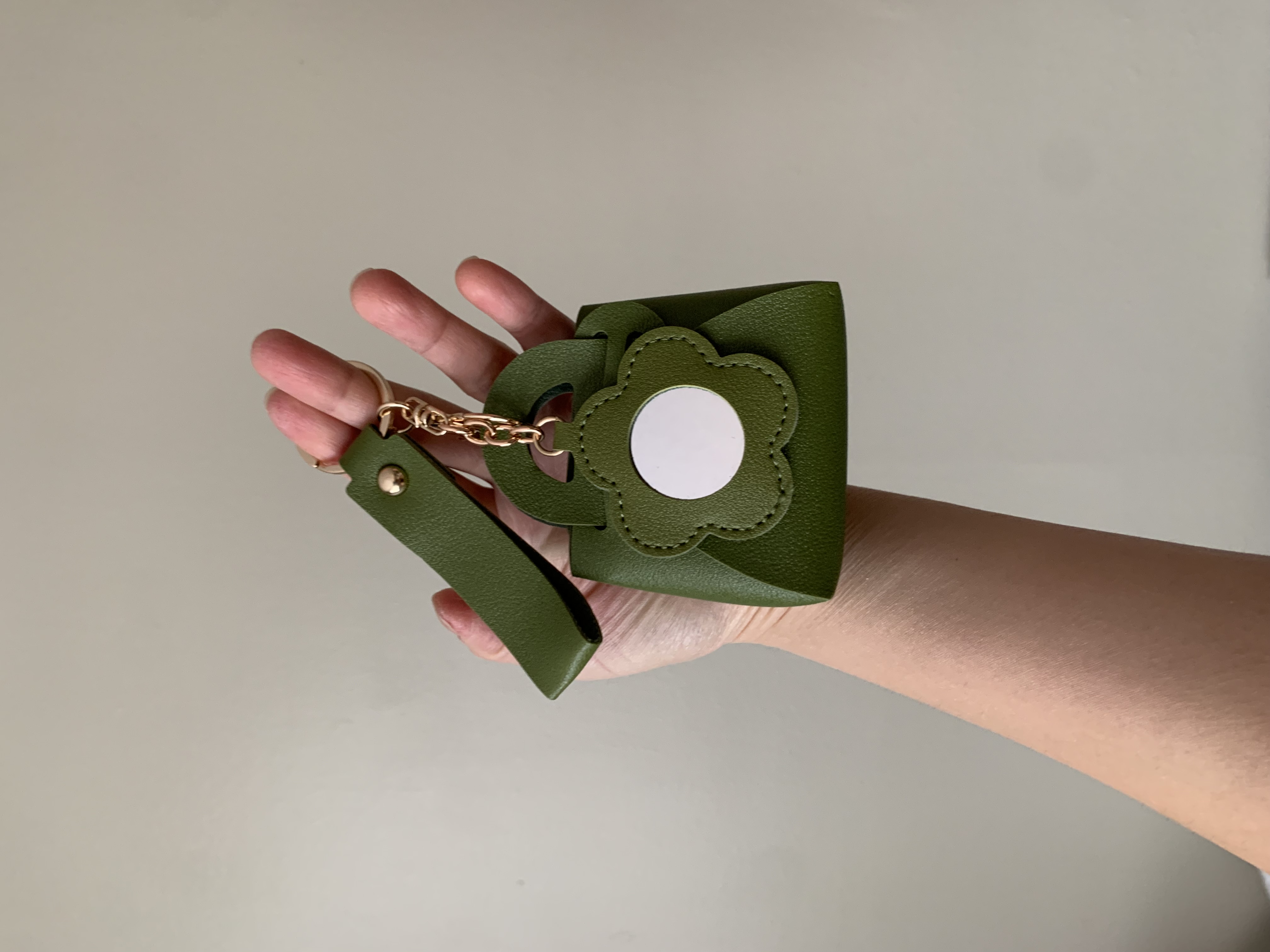 Cute Pink Flower Makeup Mirror Pu Leather Coin Purse Storage Bag Keychain