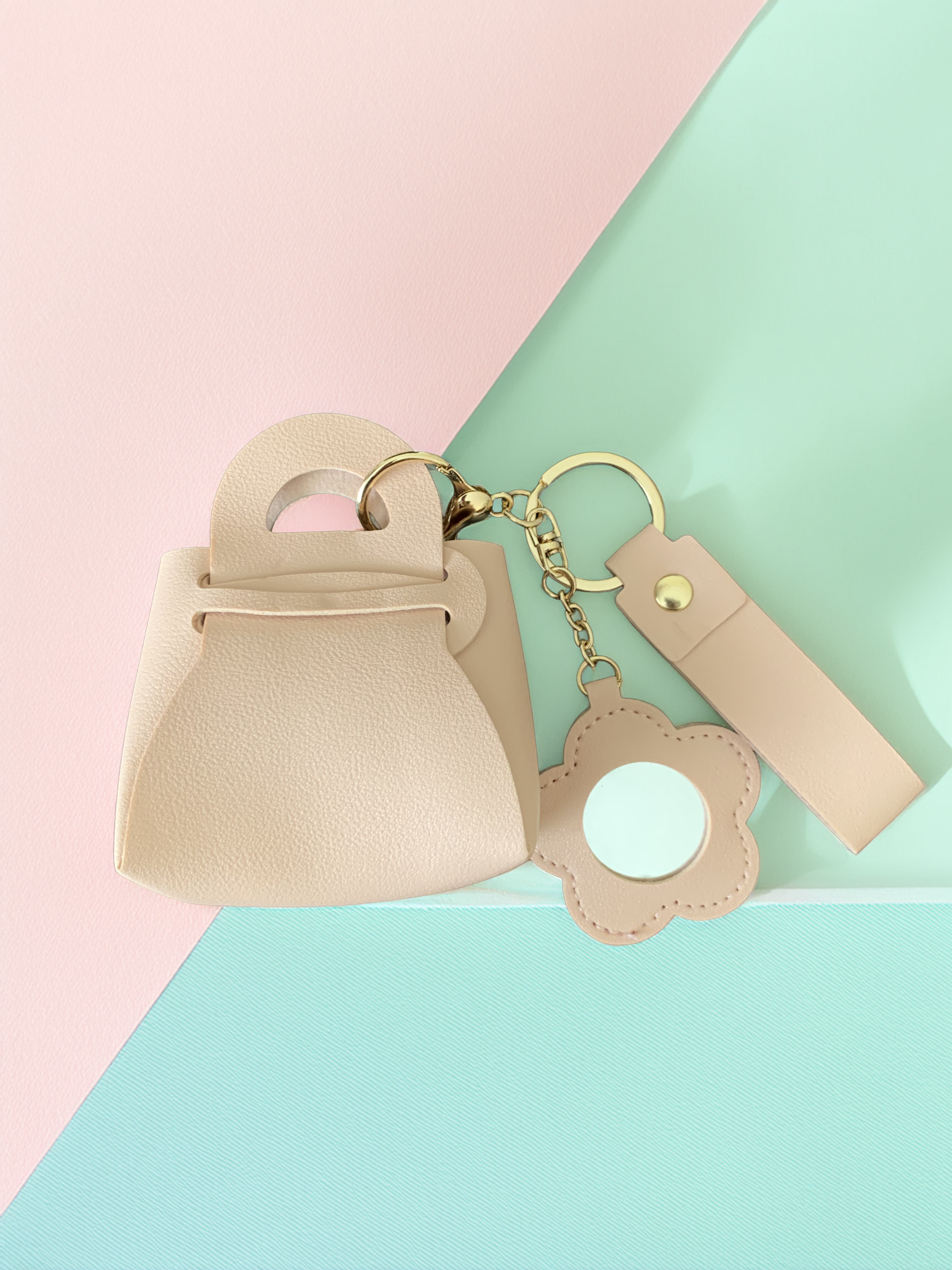 Cute Pink Flower Makeup Mirror Pu Leather Coin Purse Storage Bag Keychain