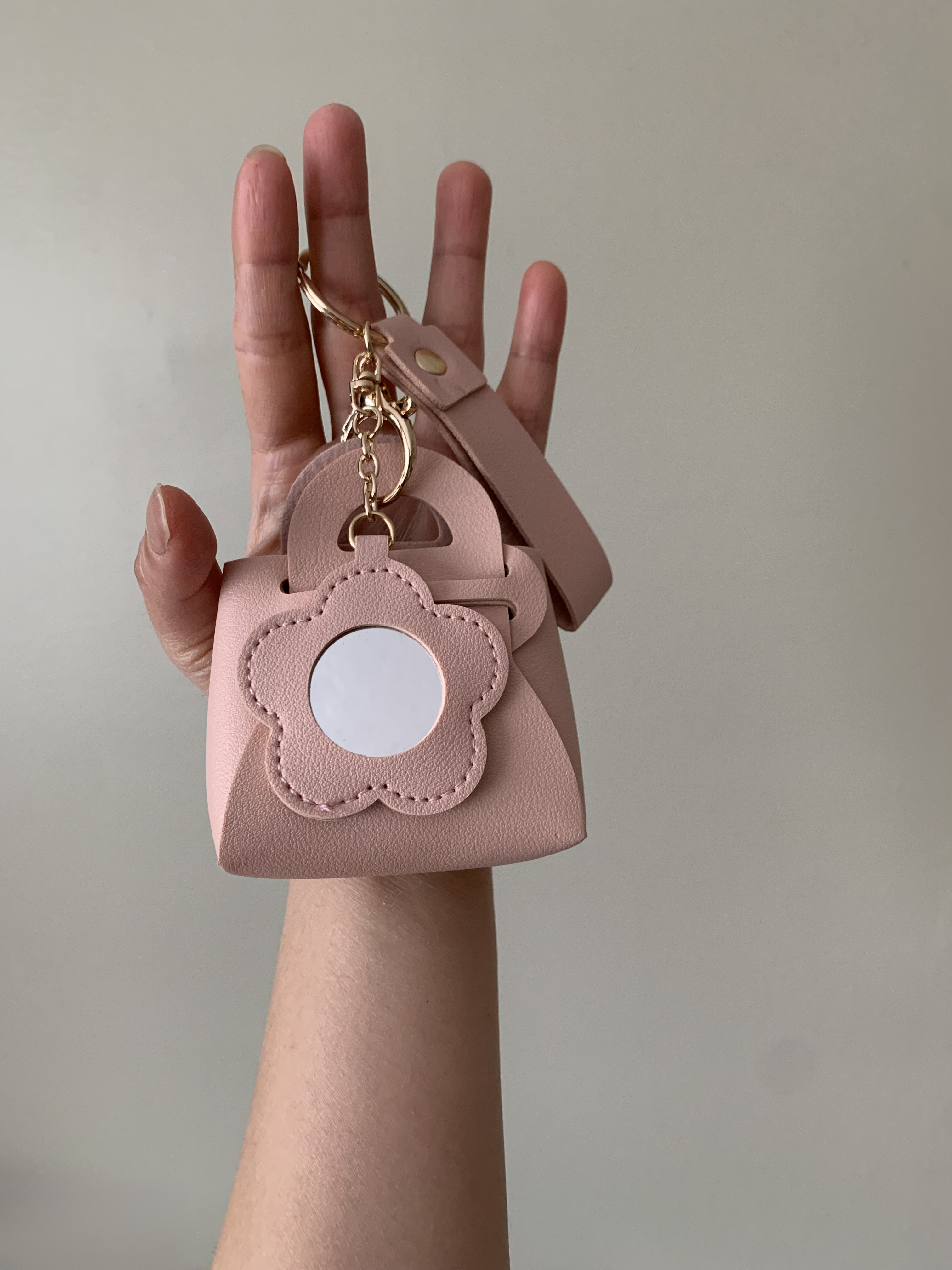 Cute Pink Flower Makeup Mirror Pu Leather Coin Purse Storage Bag Keychain
