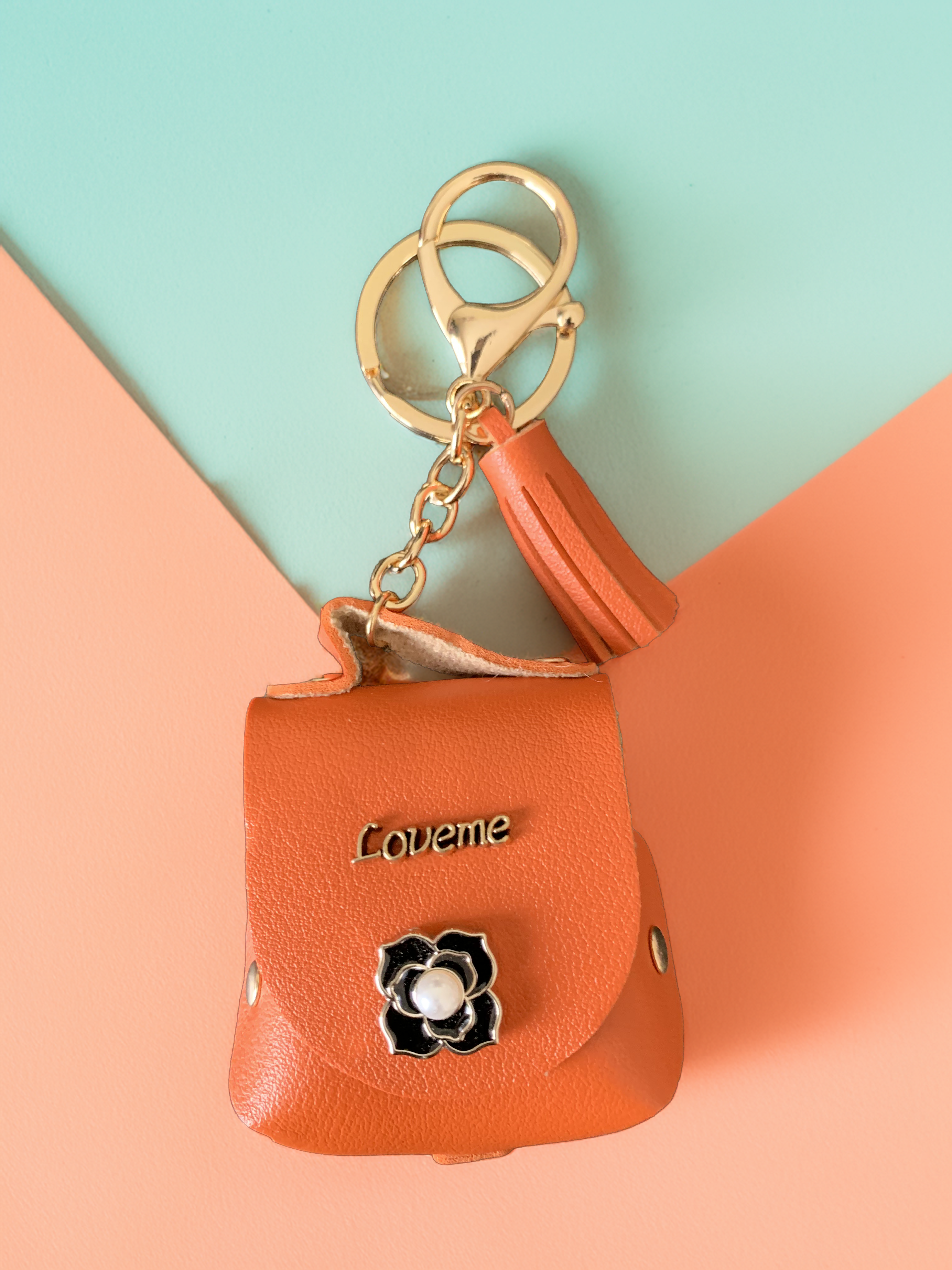 Orange Small Leather Keychain Pouch