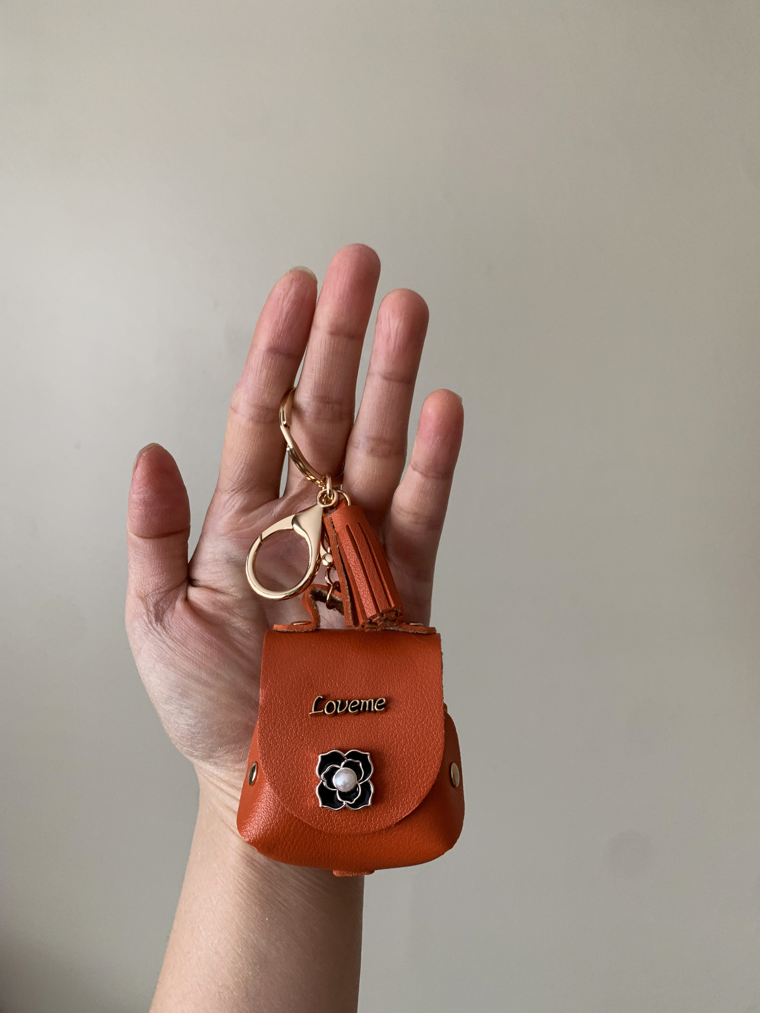 Orange Small Leather Keychain Pouch