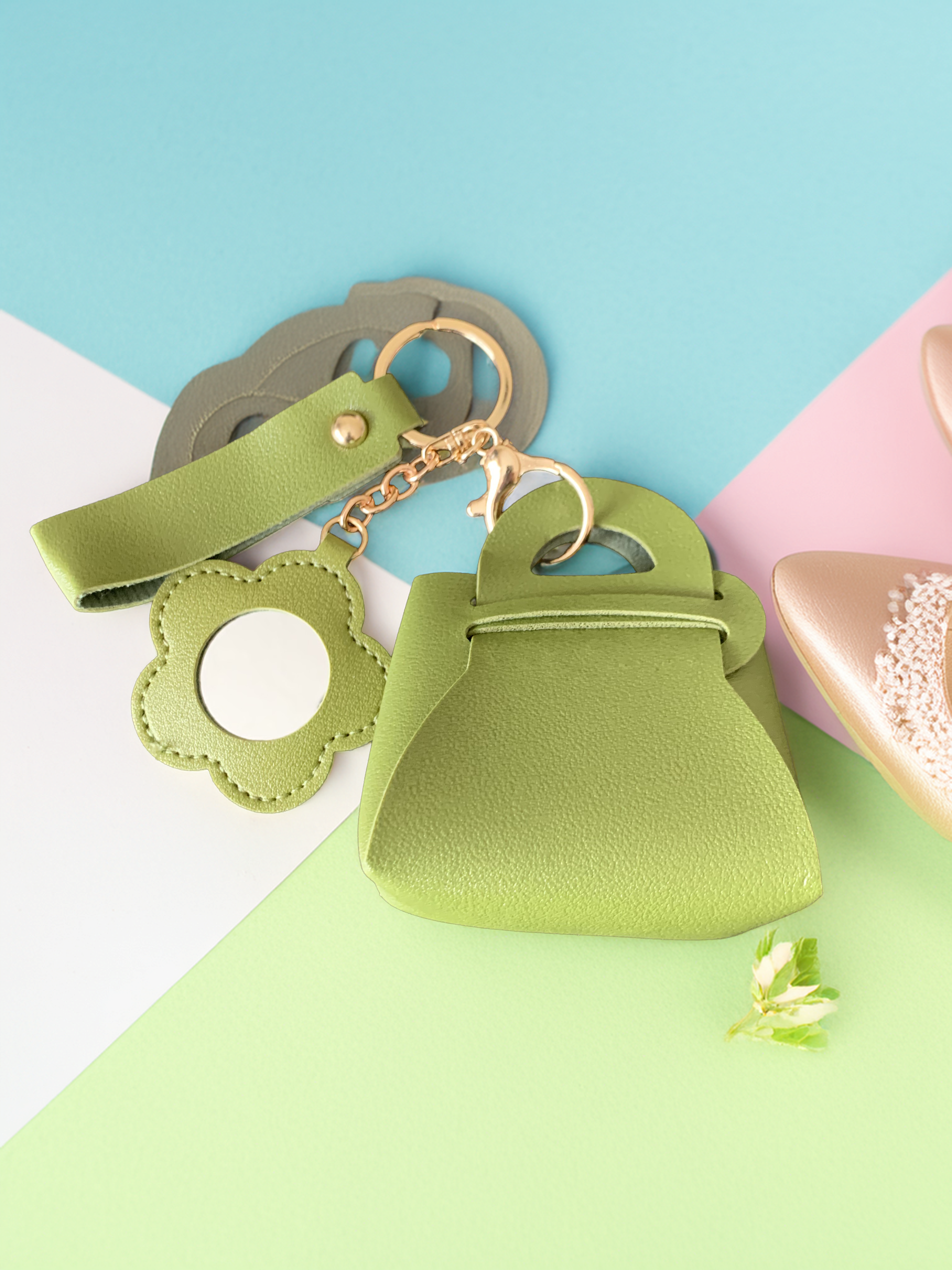 Cute Pink Flower Makeup Mirror Pu Leather Coin Purse Storage Bag Keychain