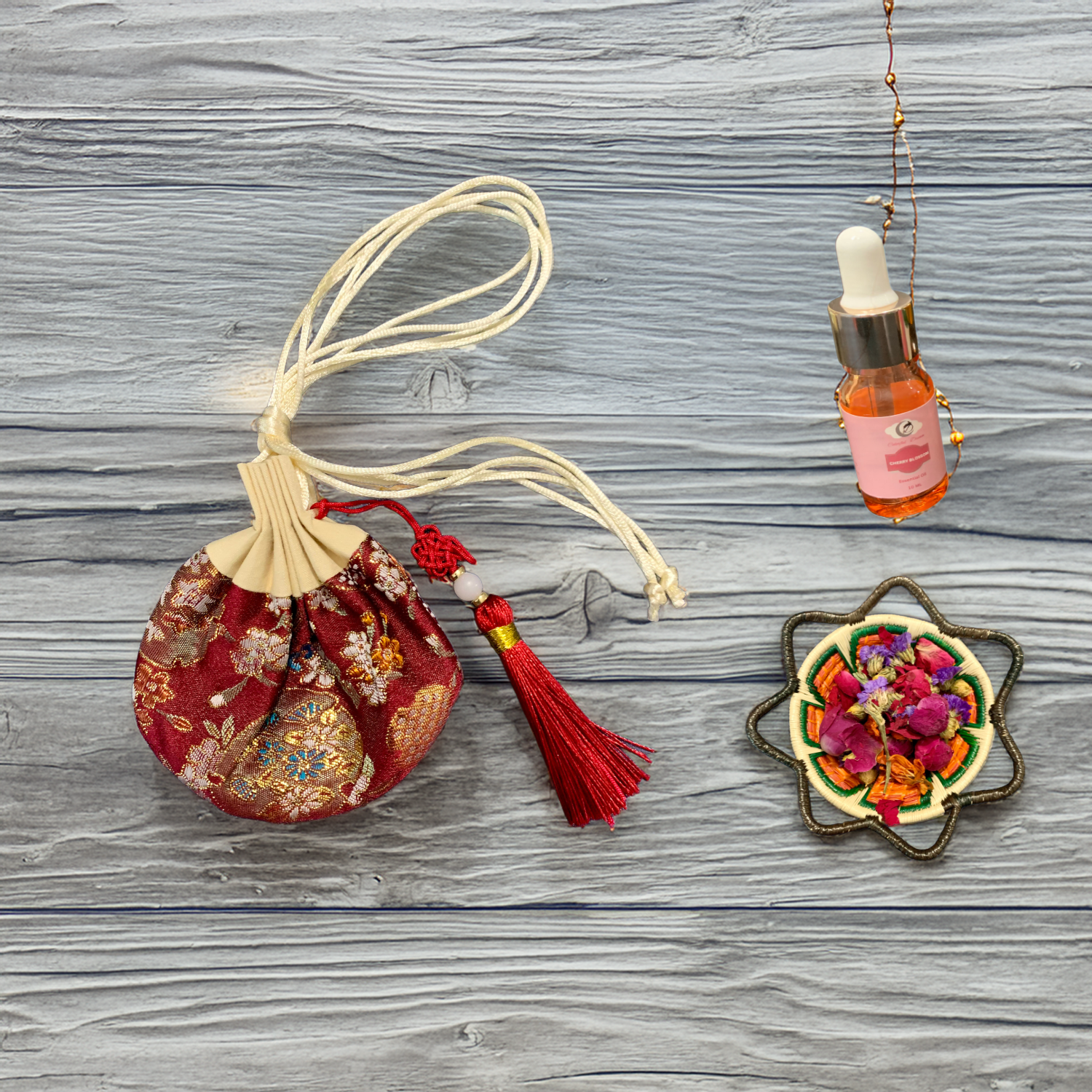 Fragrance Sache Bag with food grade dried flower and 10ml cherry blossom essential oil