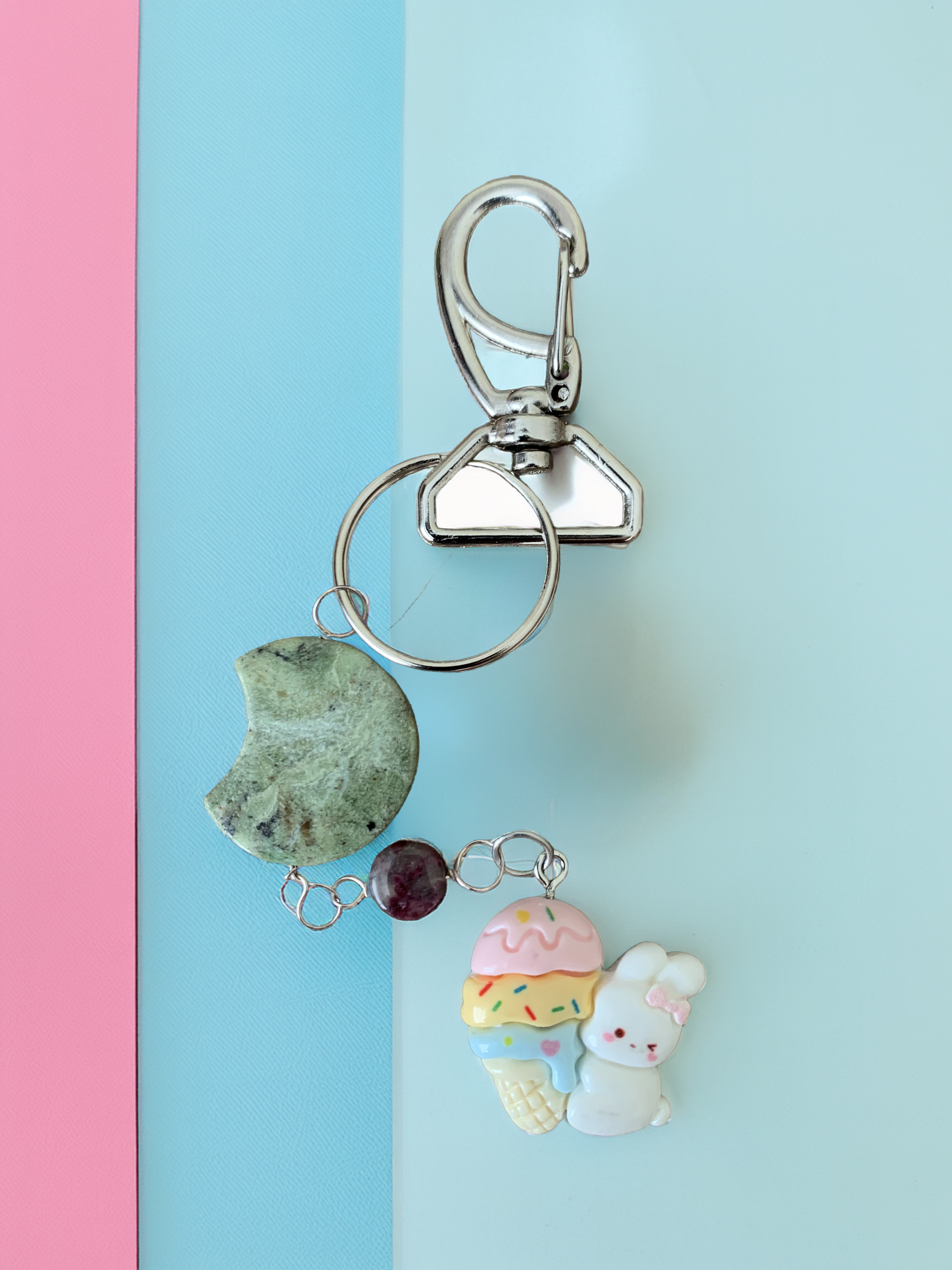 Green Opal Moon and Rabbit with Ice Cream Keychain