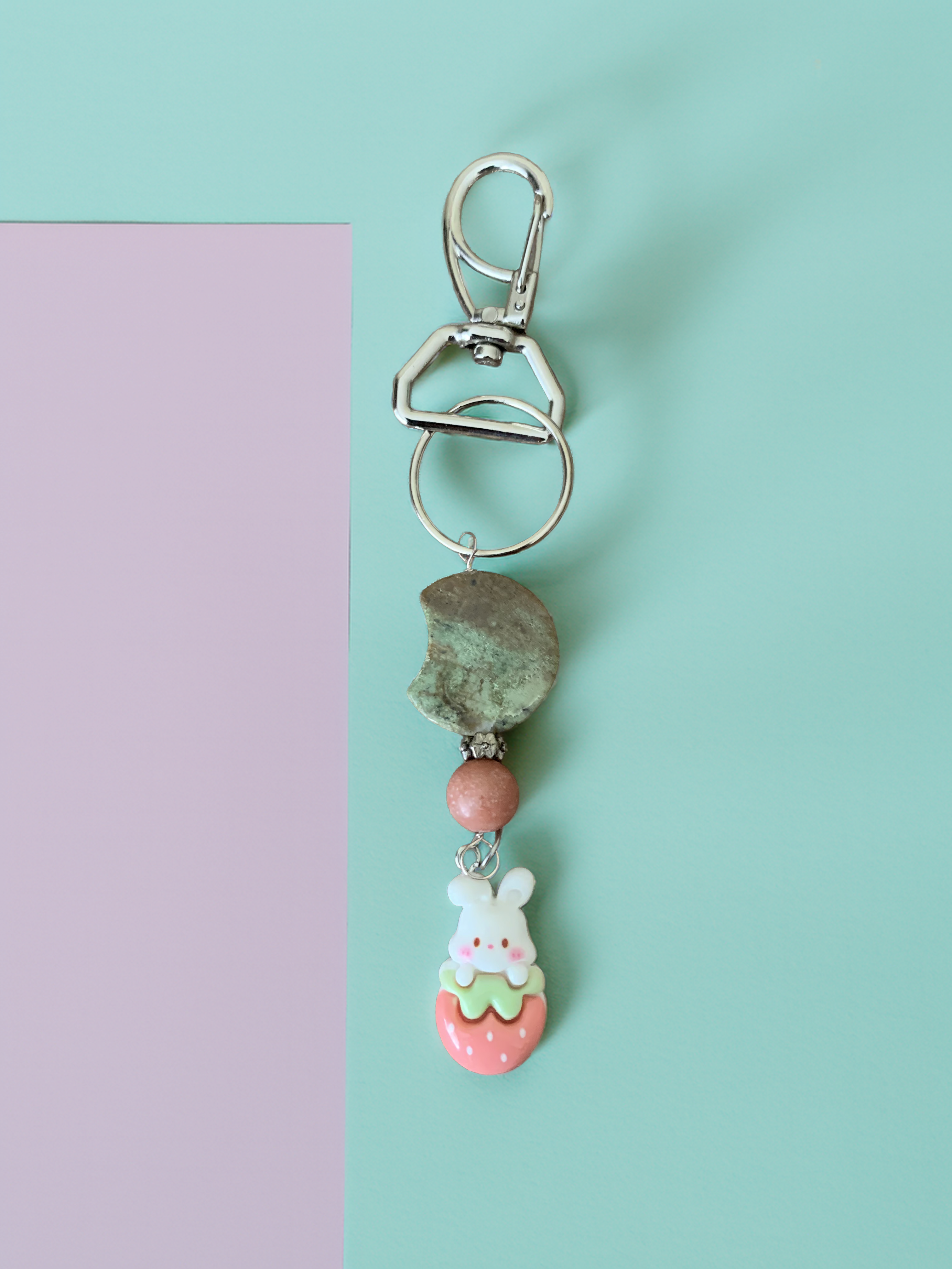 Green Opal Moon and Rabbit on Strawberry Keychain
