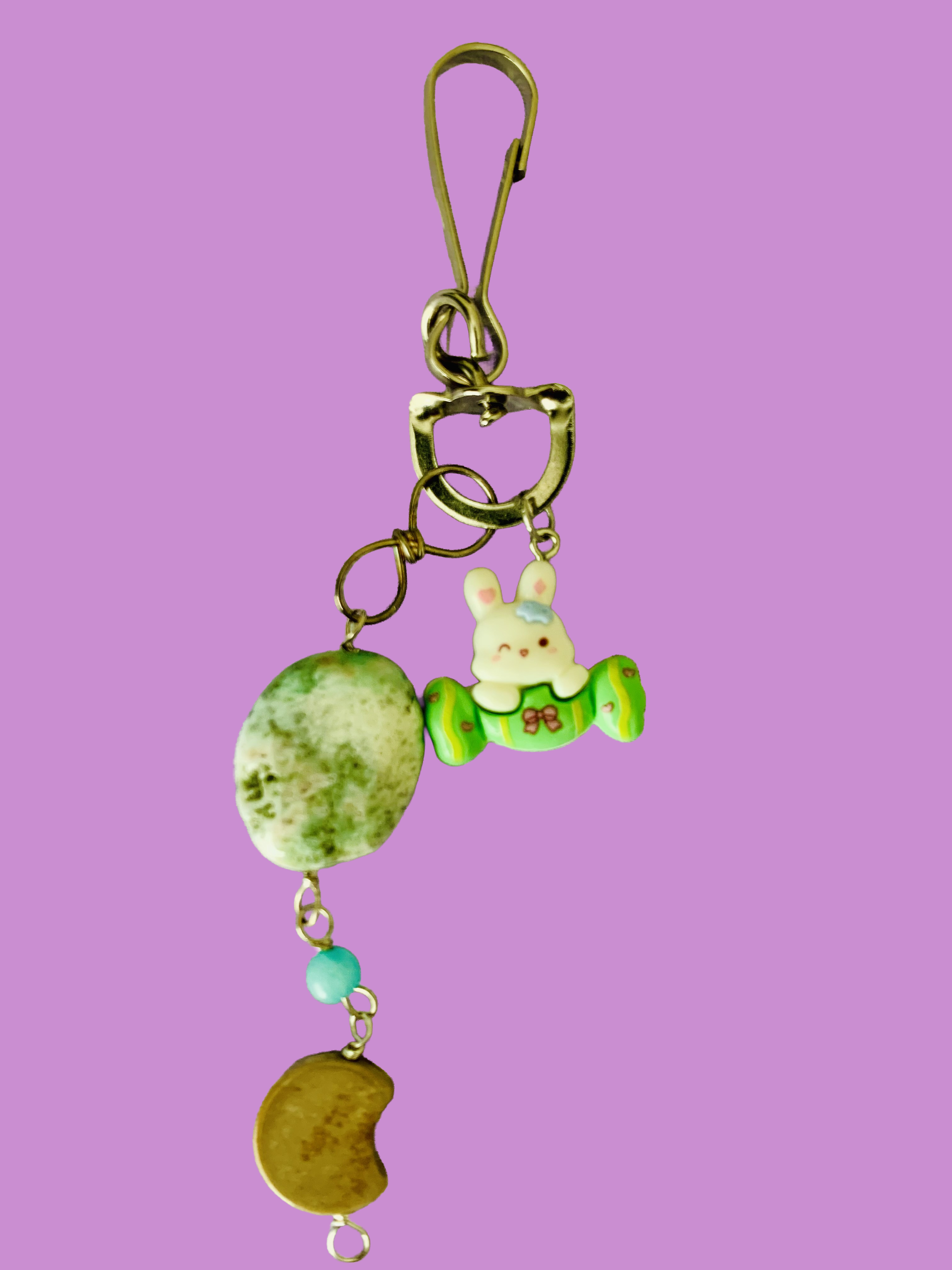 Moonlit Magic Keychain – Chrysoprase Moon, Agate Crescent and Resin Bunny on Candy