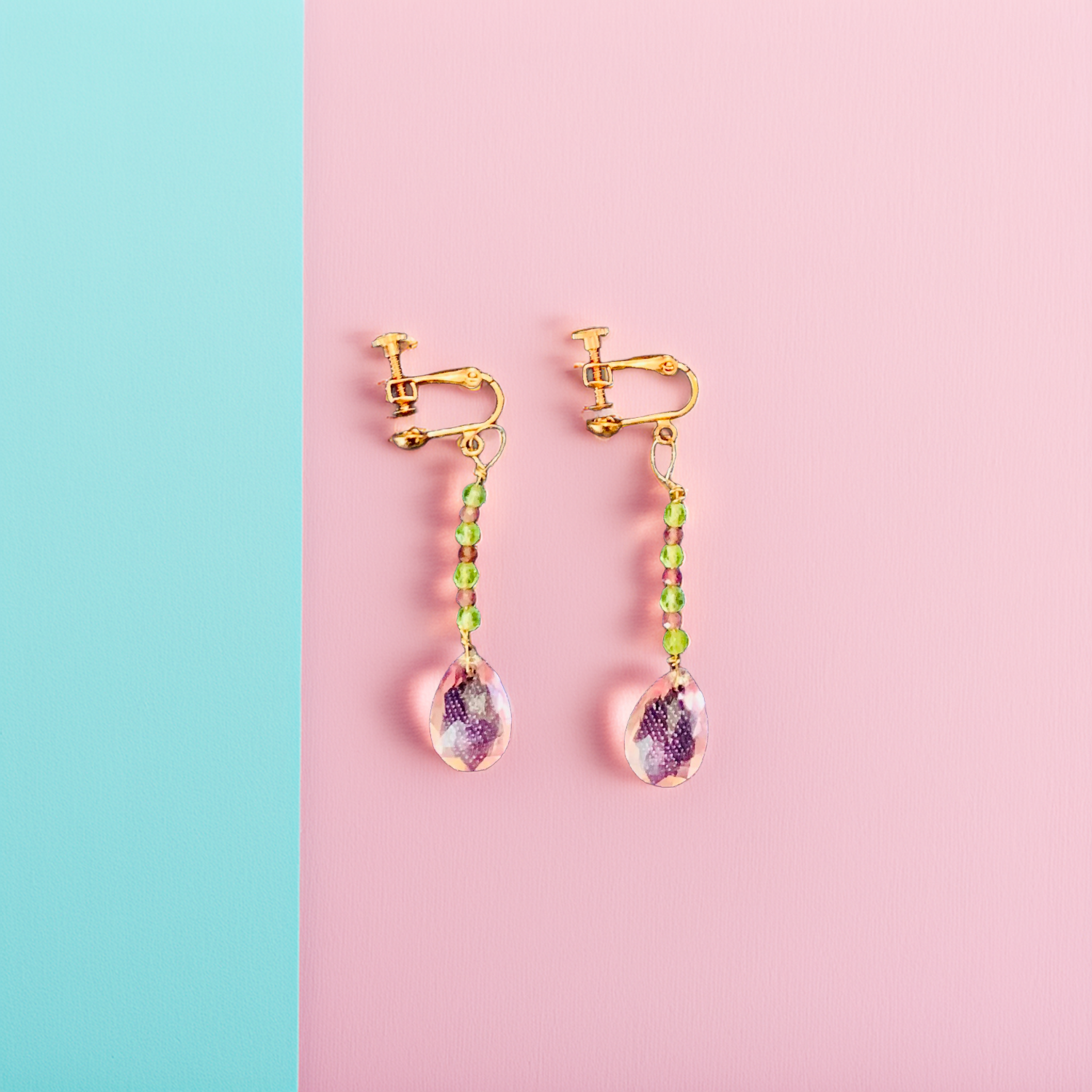 Sweet Candy Clip-On Earrings – Pink Crystal Bead and Peridot