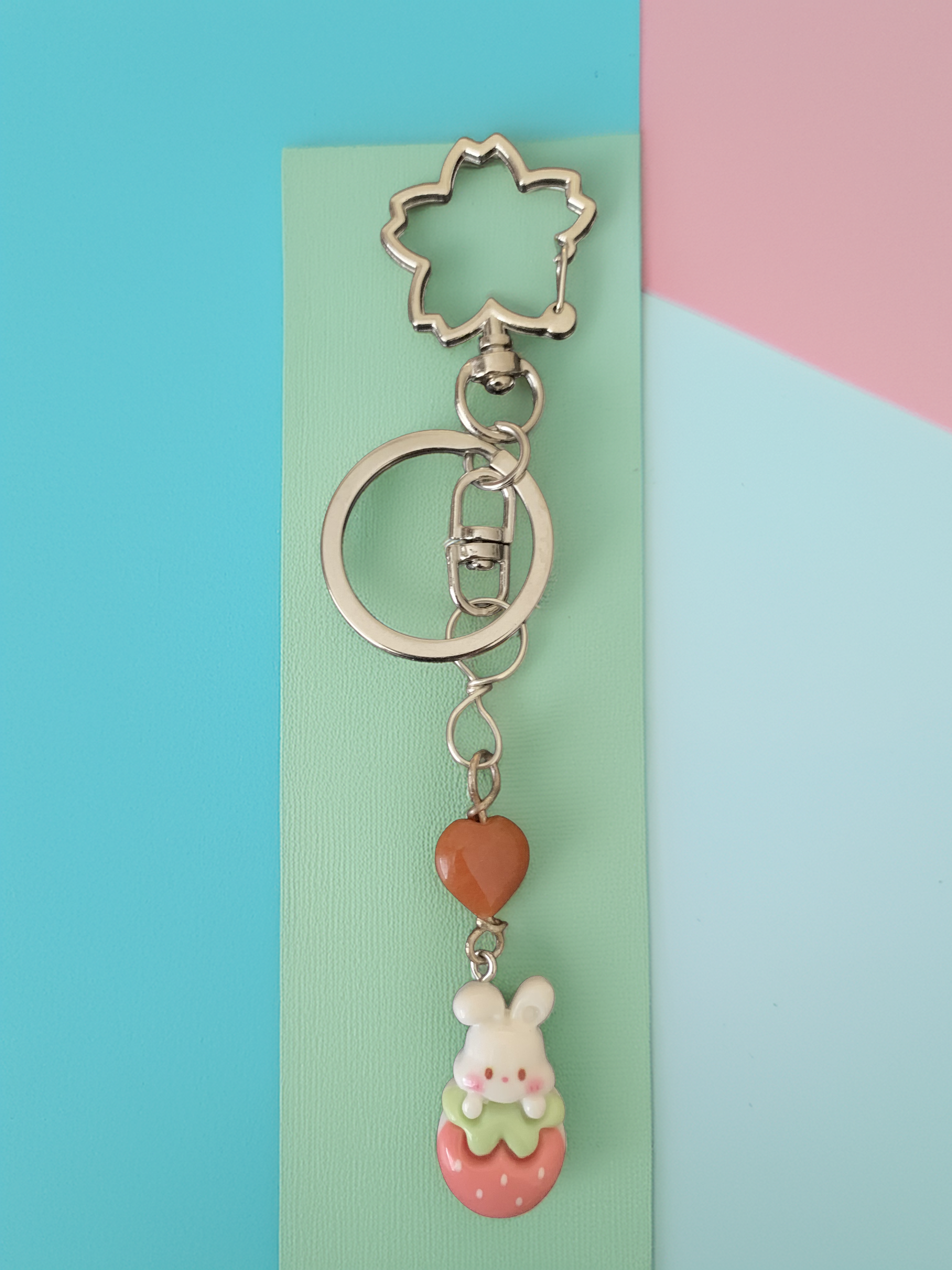 Cute Bunny on Strawberry Keychain with orange heart gemstone